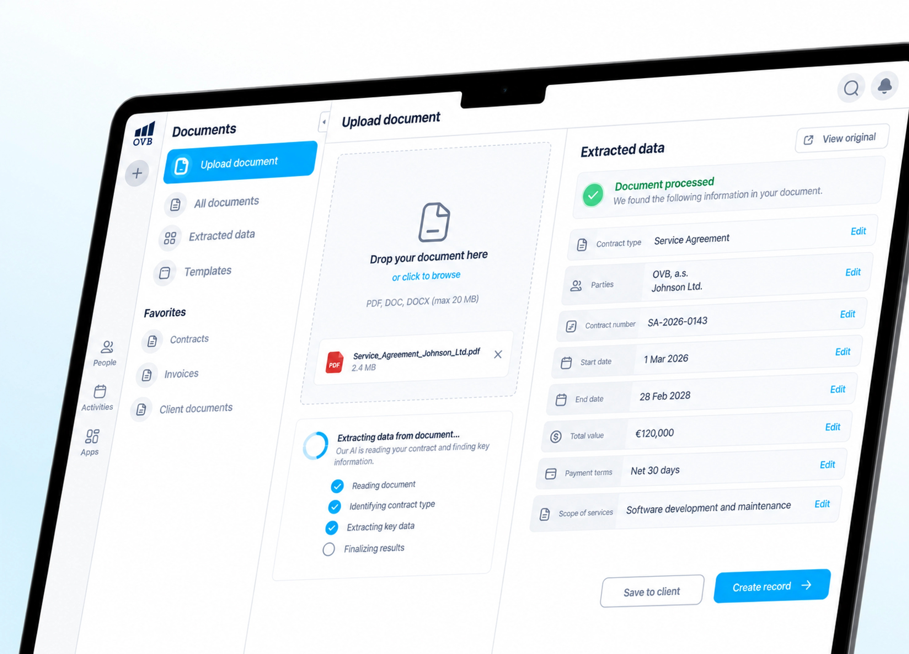Document upload interface showing an uploaded contract and extracted details ready to save as a record