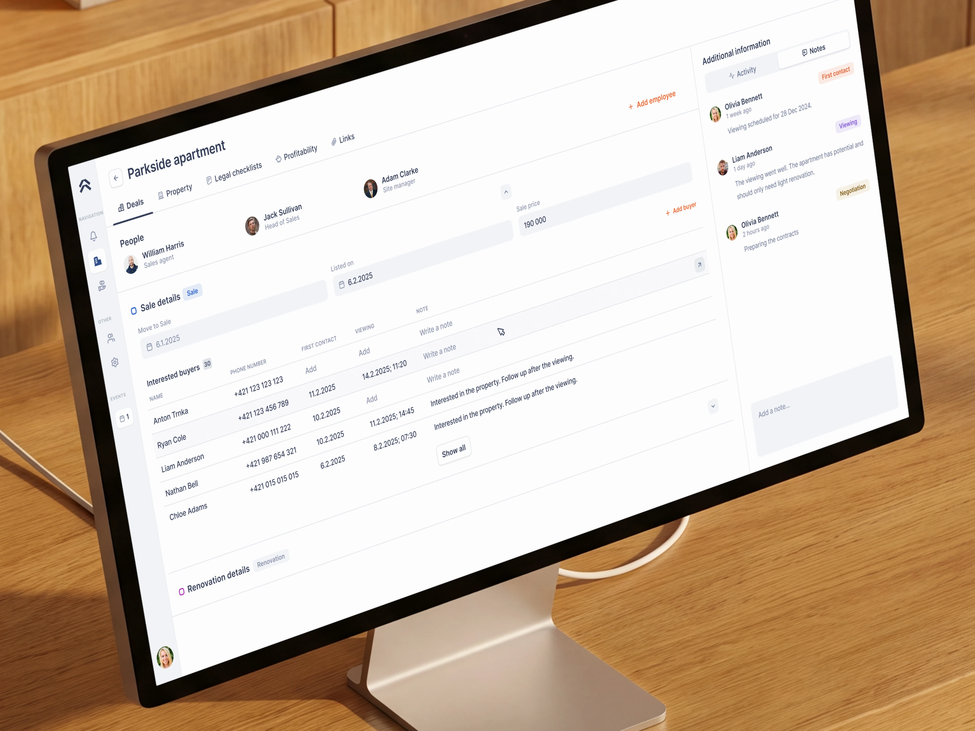 Property activity history displaying dated changes and team notes