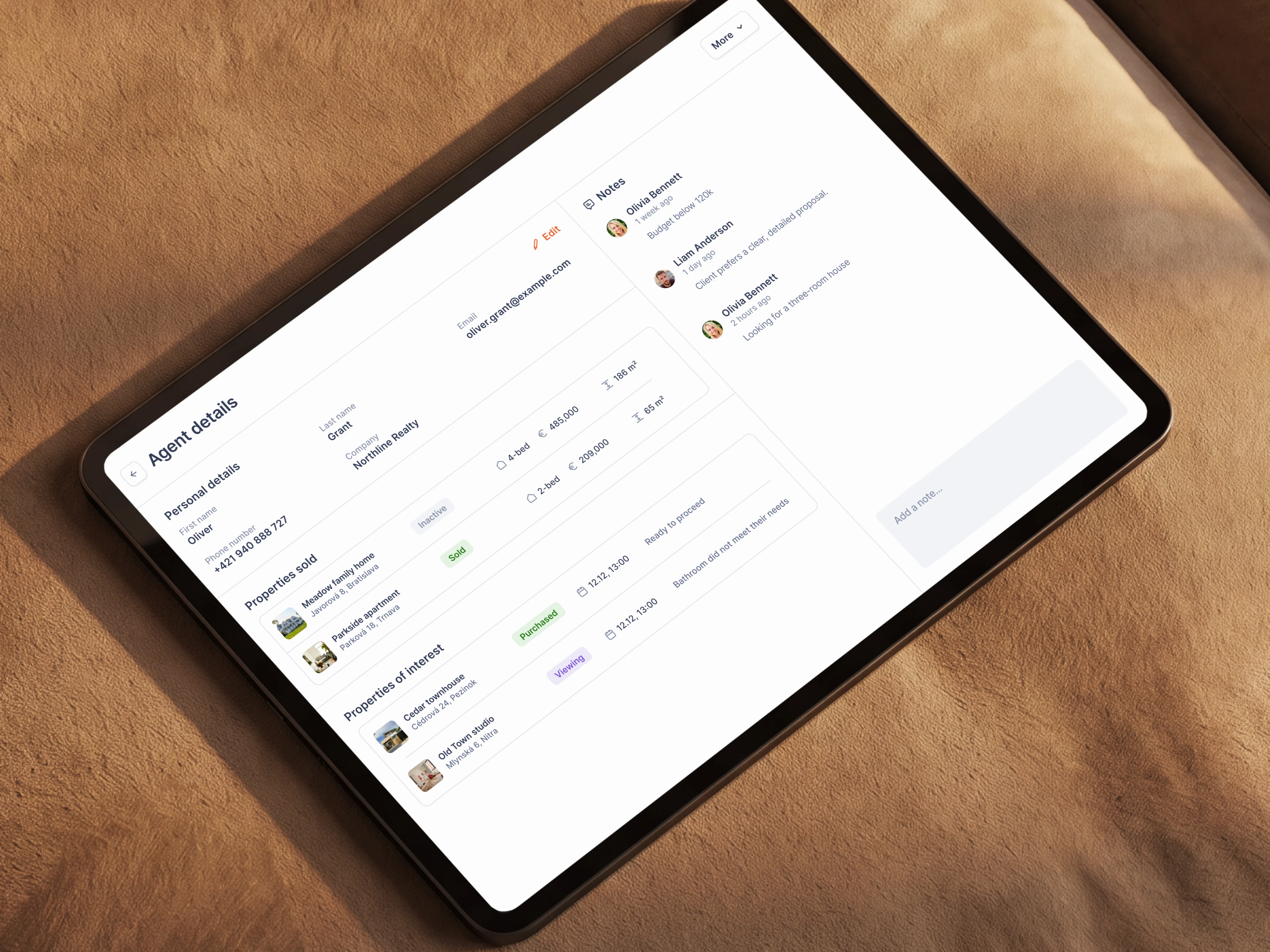 Agent record and related property activity on a tablet