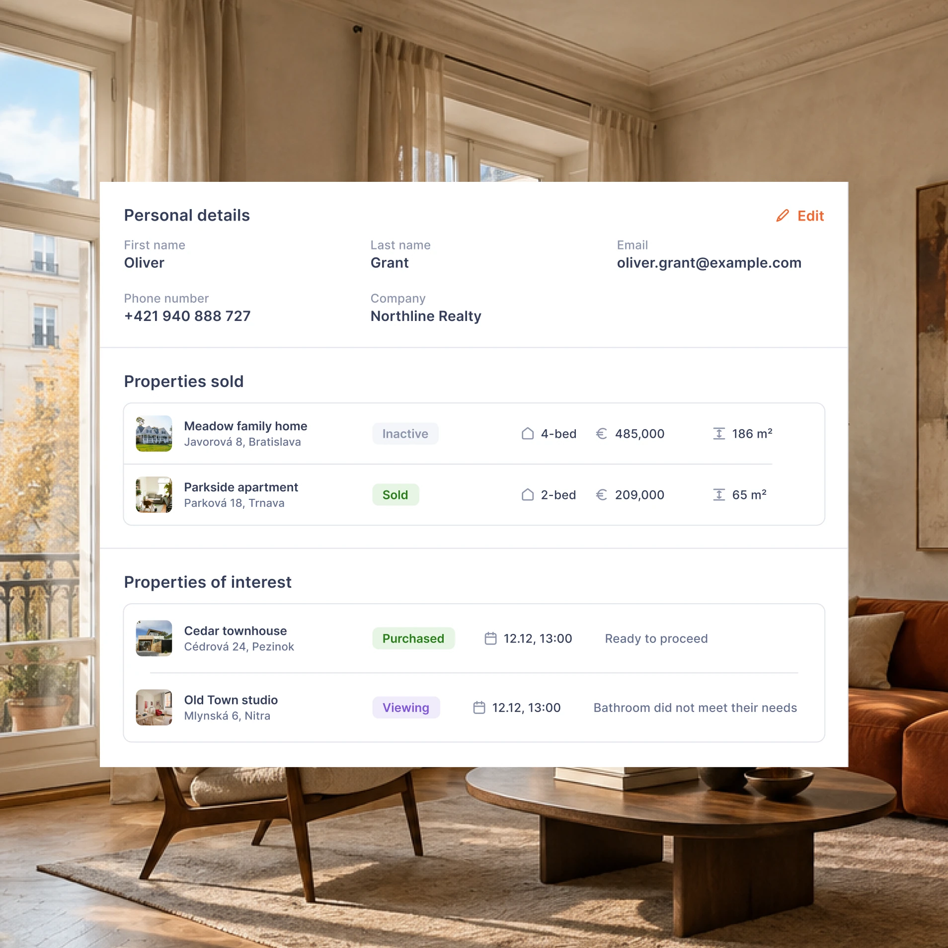 Anonymised client profile with related properties and viewing history