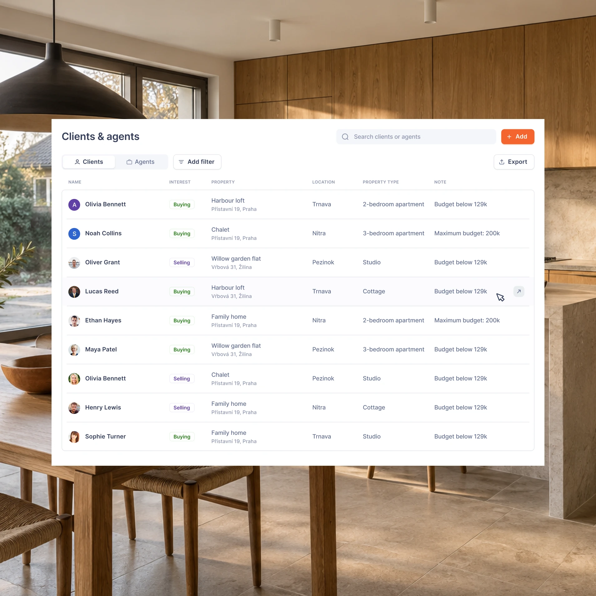 Searchable list of clients and agents with related property information
