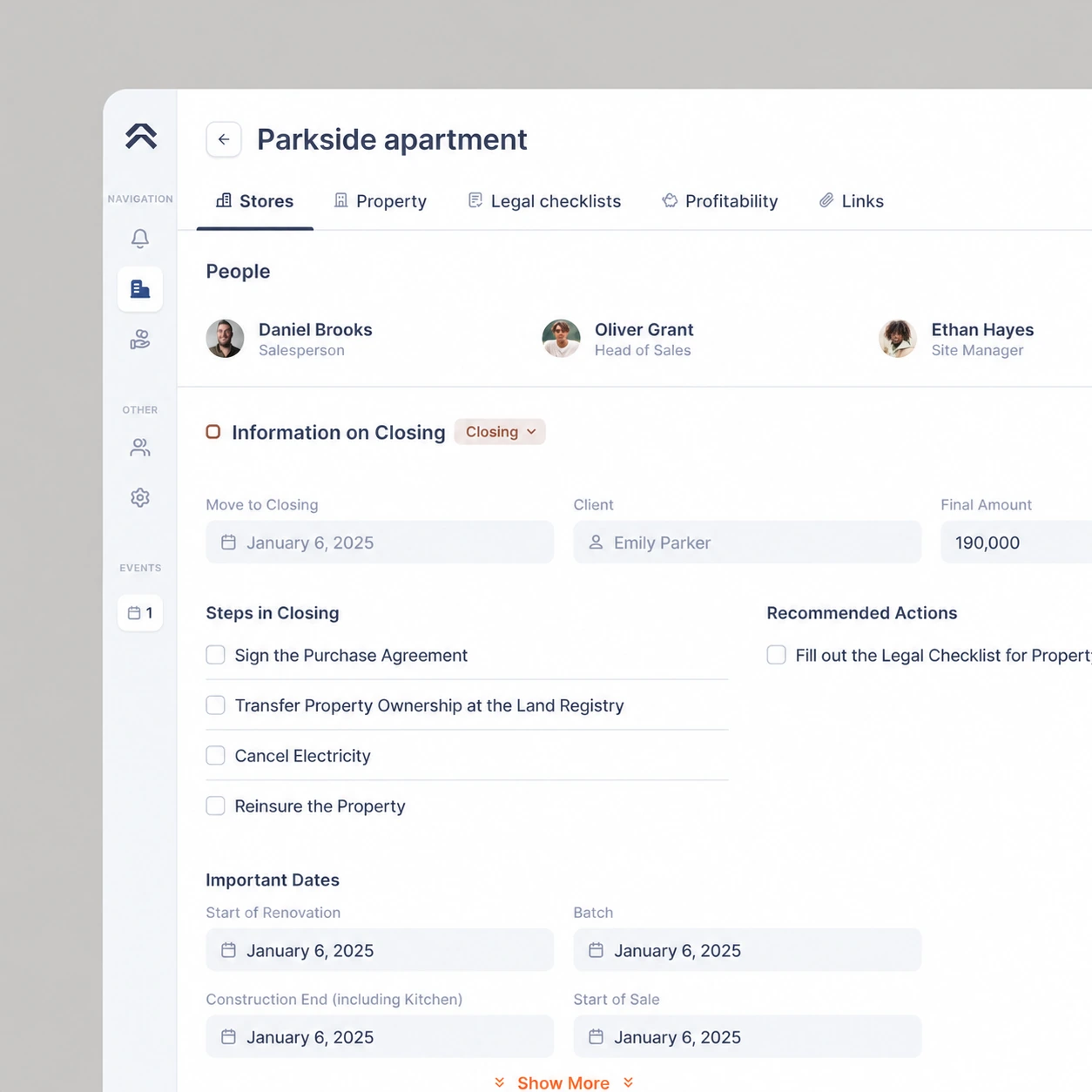 Anonymised property closing checklist with responsible people and required steps