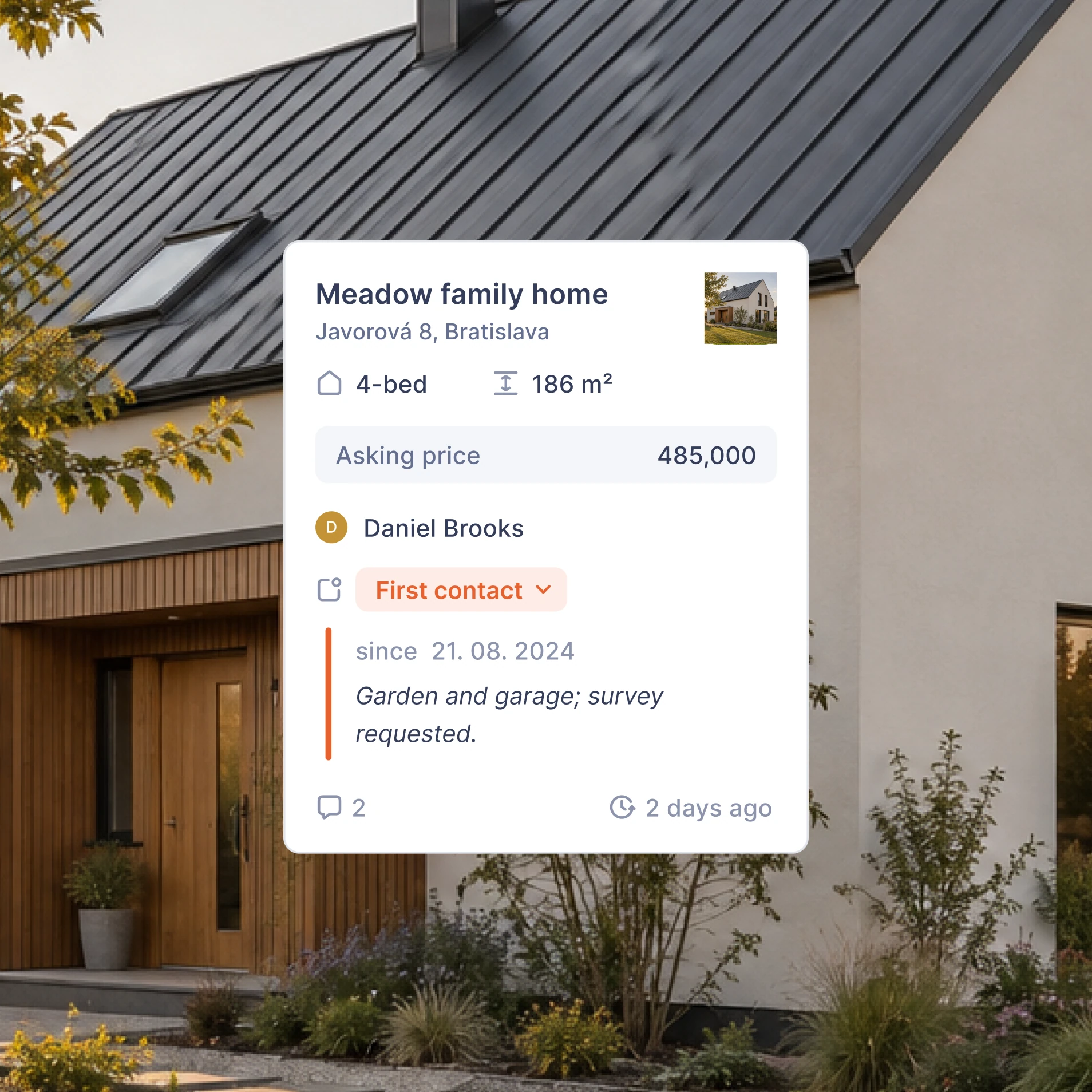 Property deal card with a responsible team member, stage and recent update