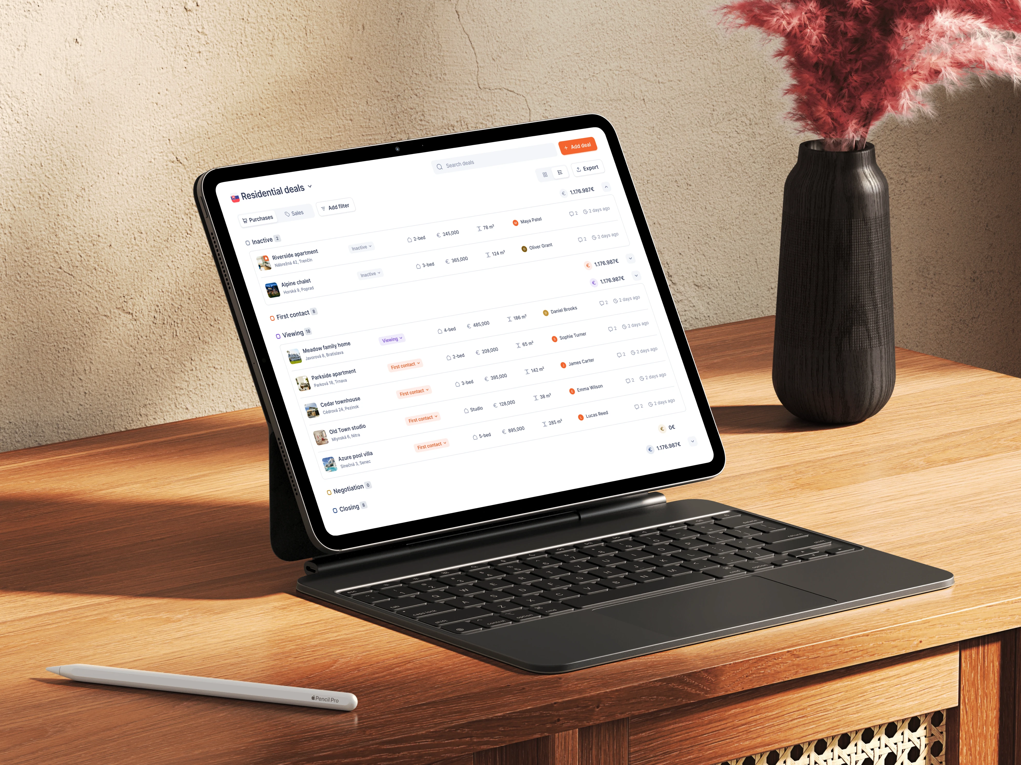 Property deals table showing owners, stages and key information