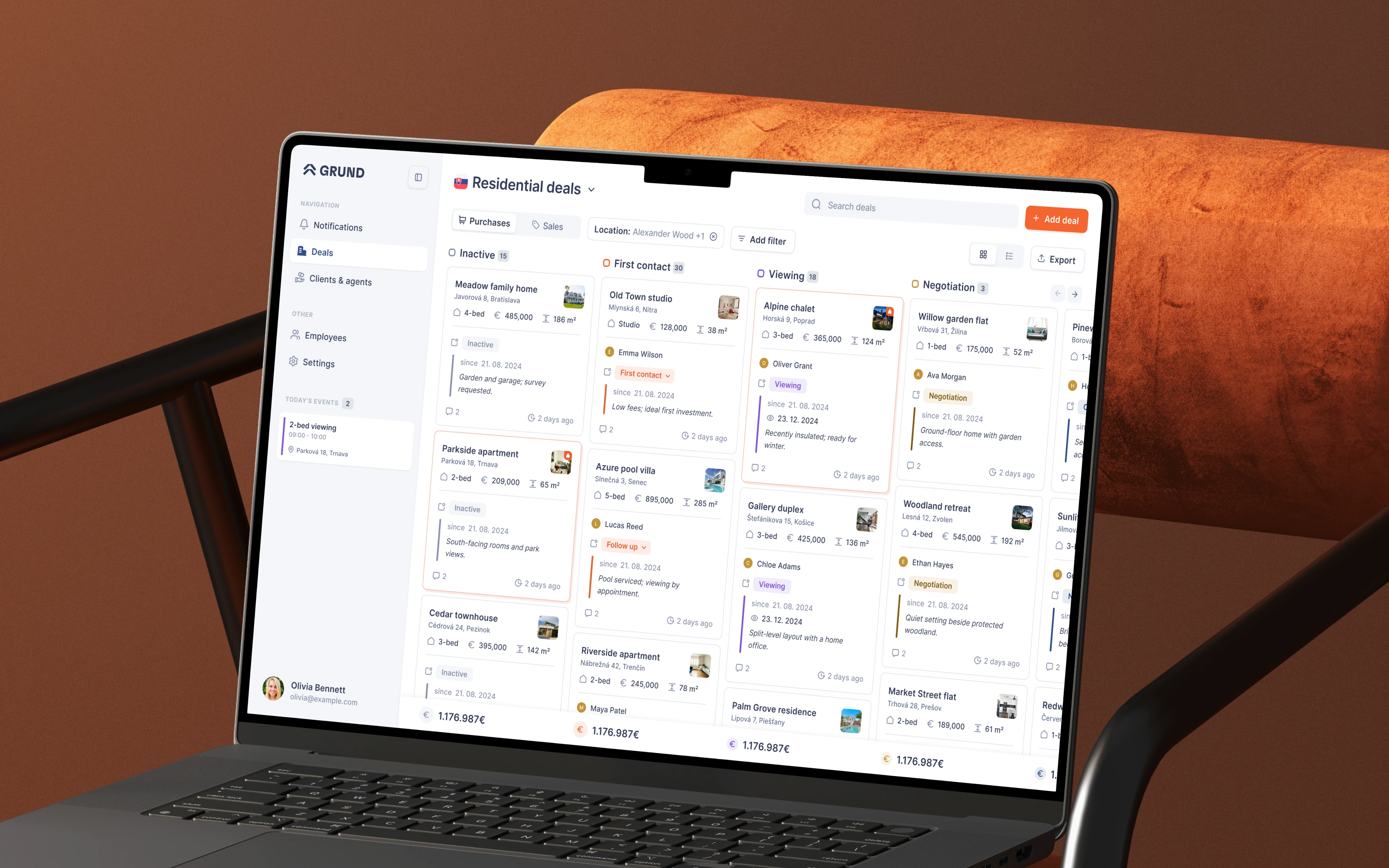 Custom real estate CRM displaying a shared property deal pipeline