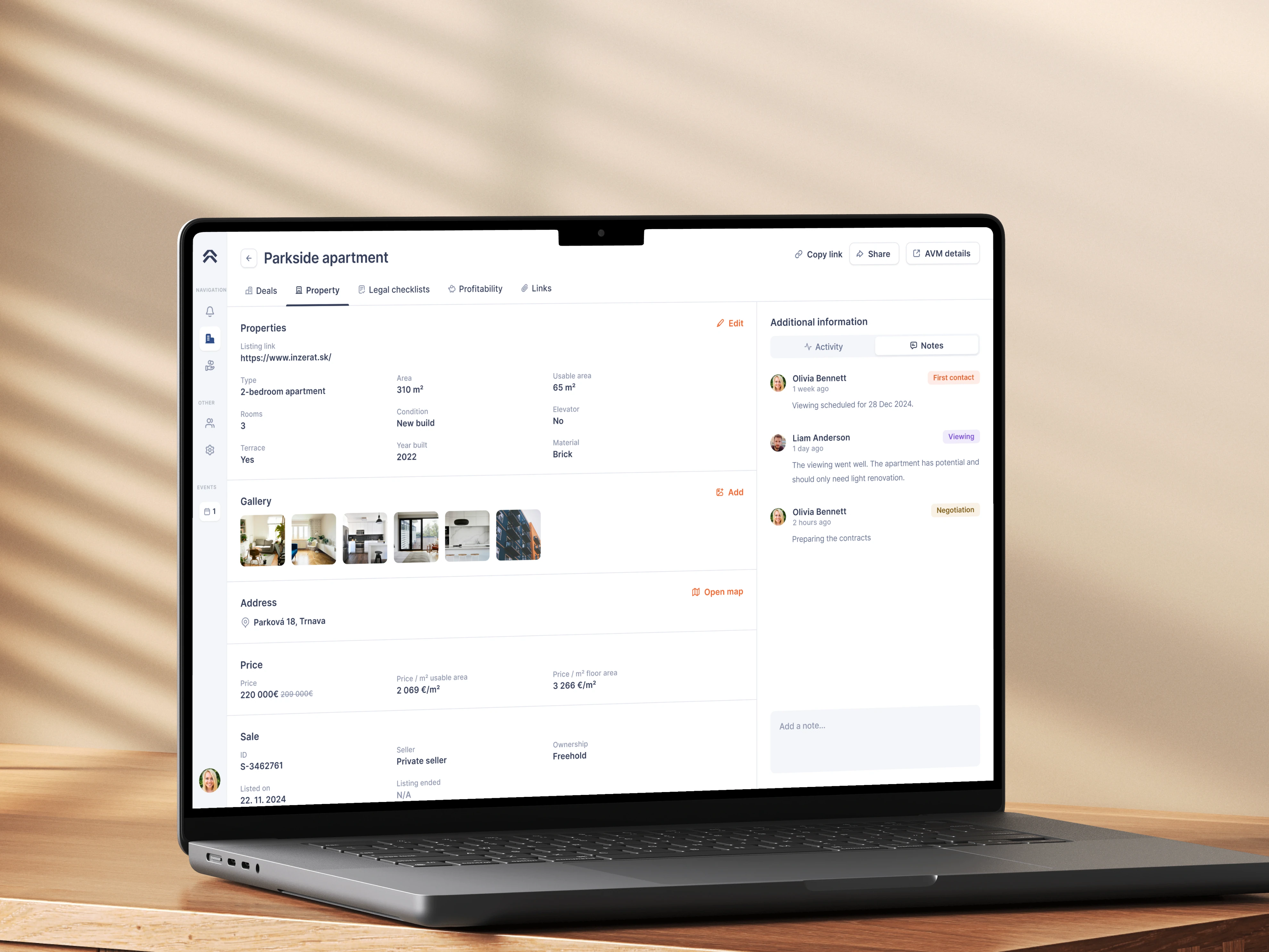 Property record bringing photographs, contacts and deal information together