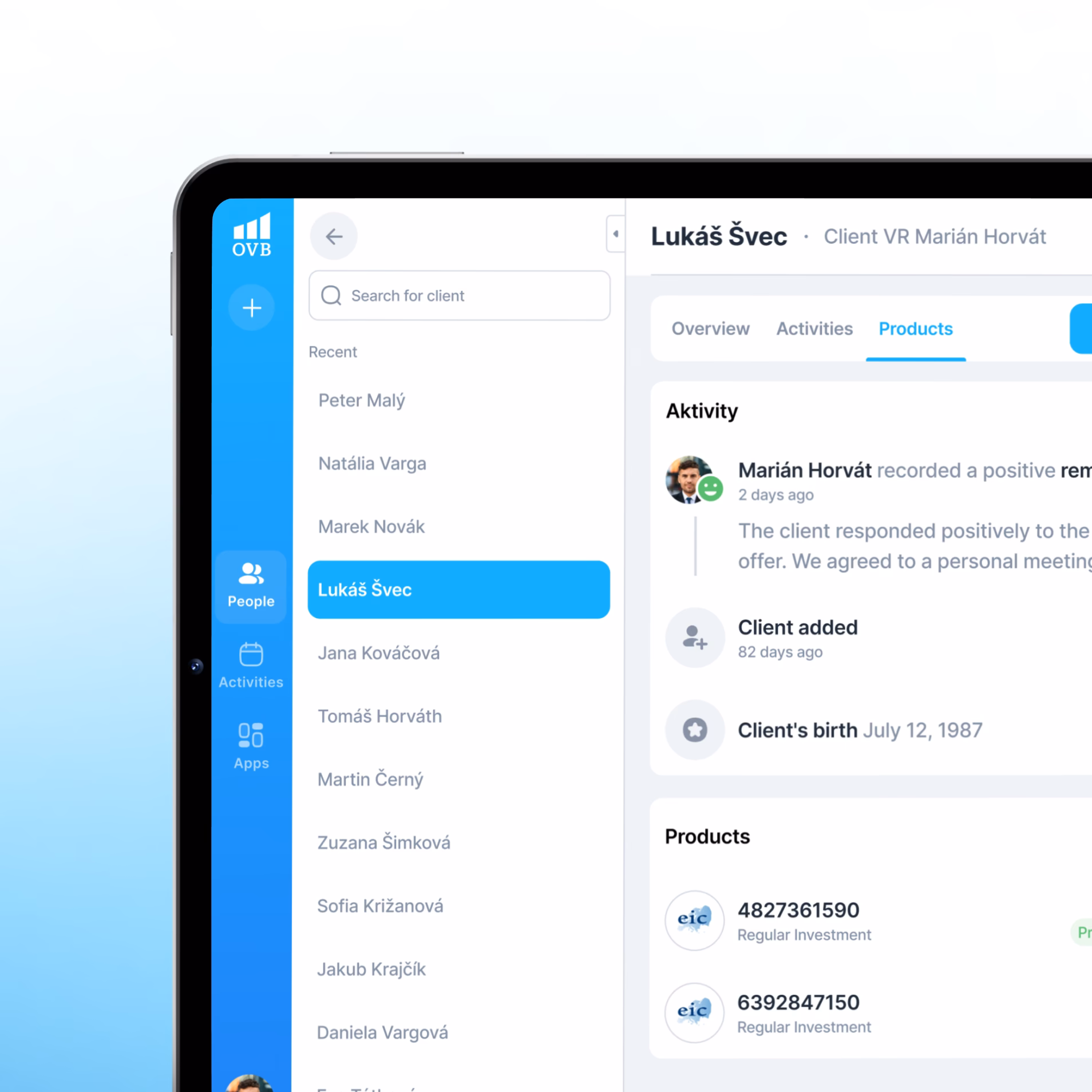 Aero client profile displaying recent activity and financial product records