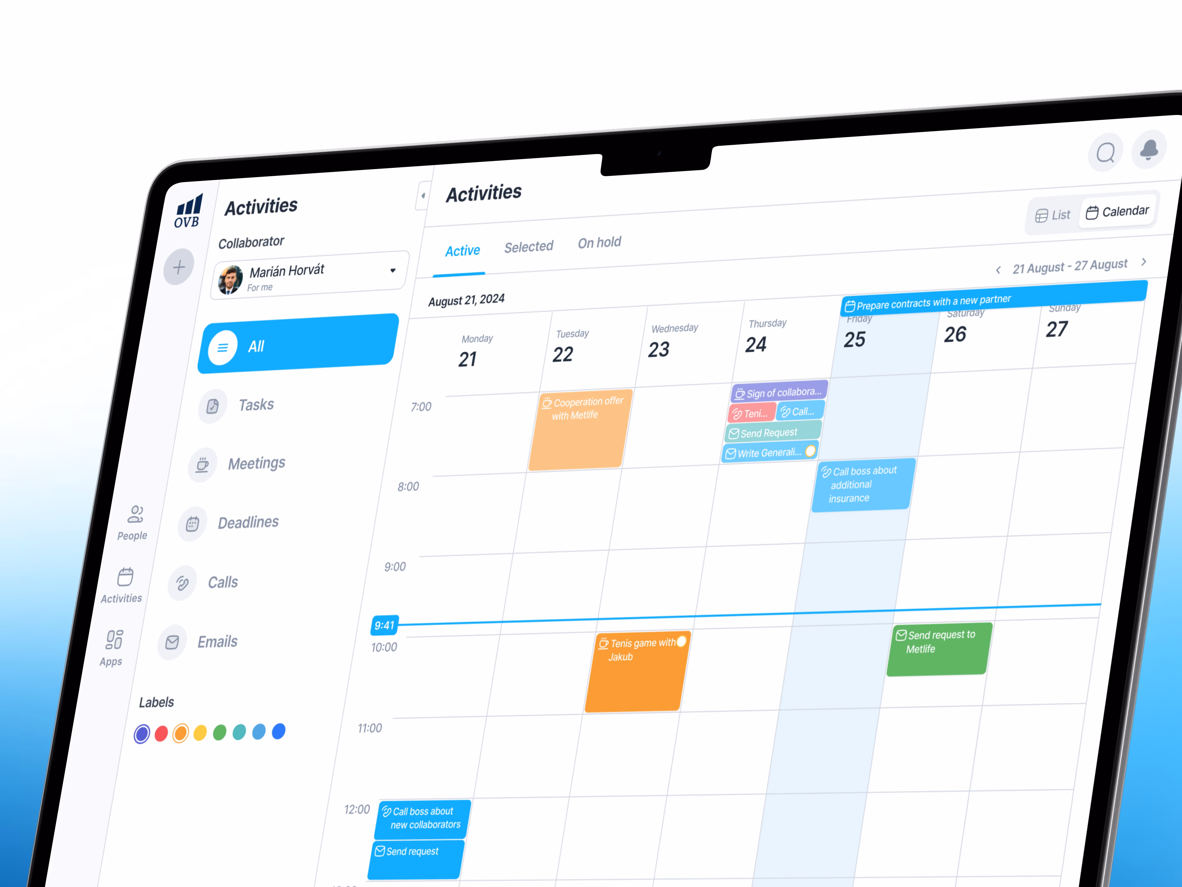 Aero weekly calendar with meetings, tasks and colour-coded activity labels