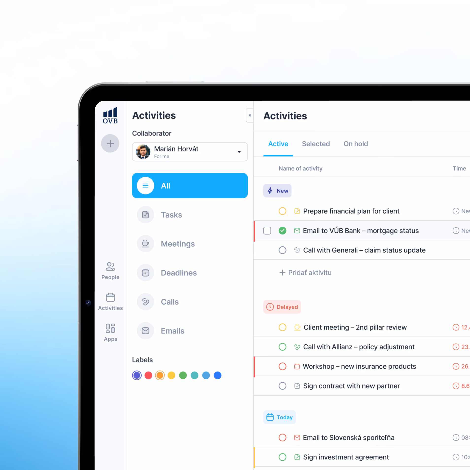 Aero activity list with tasks, meetings, deadlines, calls and emails