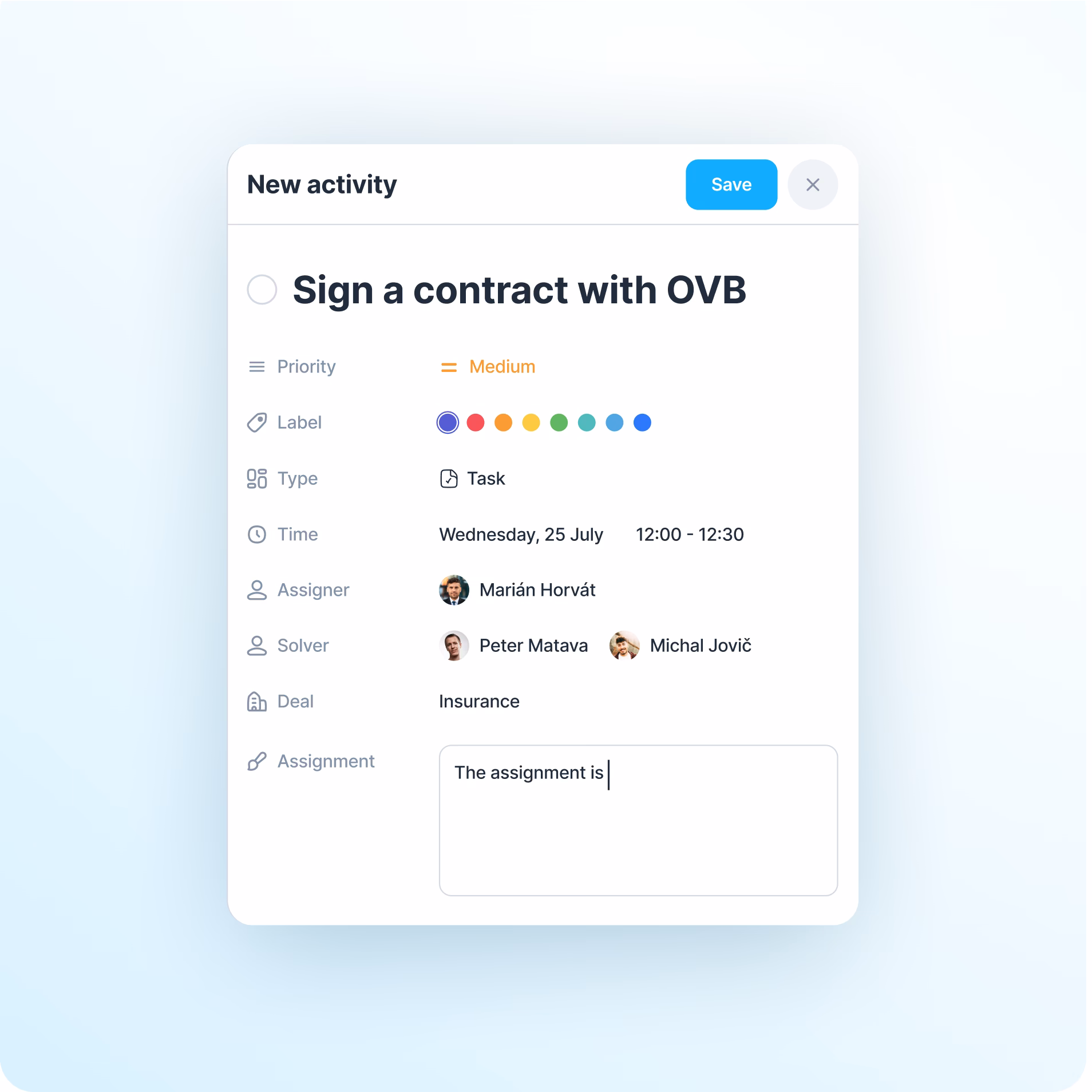 Aero activity detail showing a contract task, assignees and scheduling fields