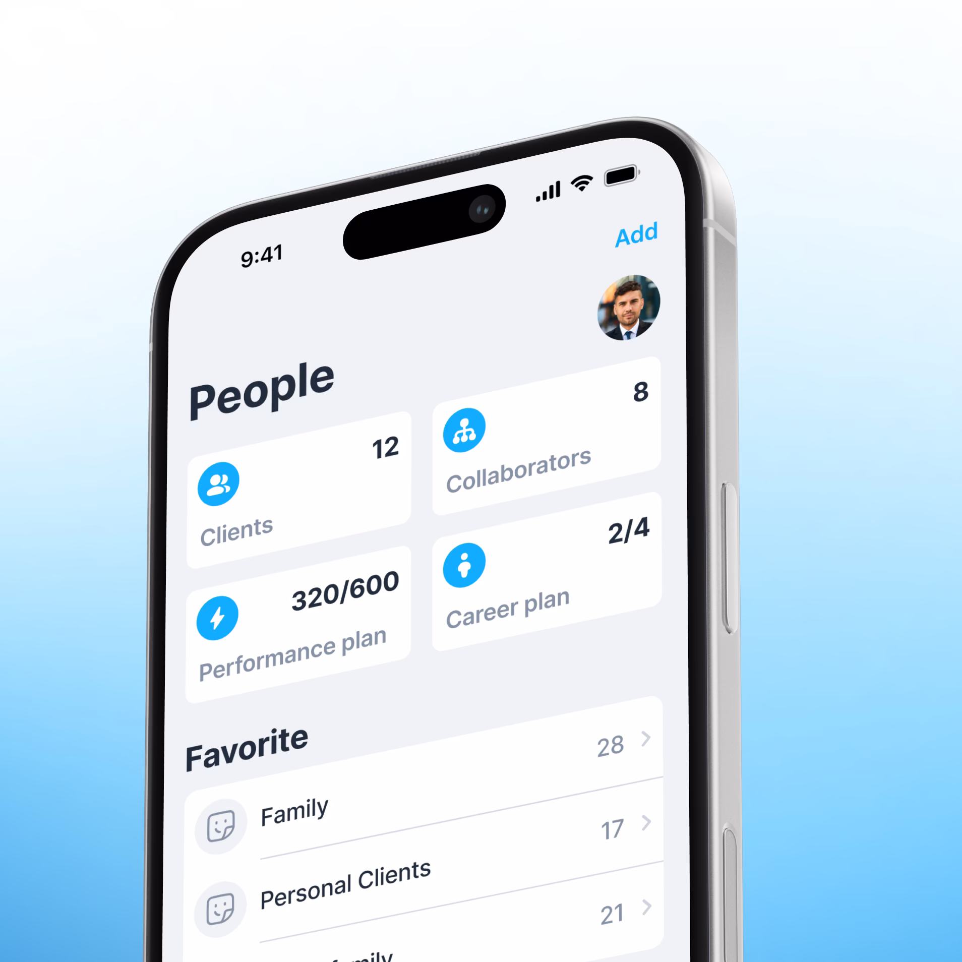 Aero mobile People screen with client access, collaborators, plans and favourite lists