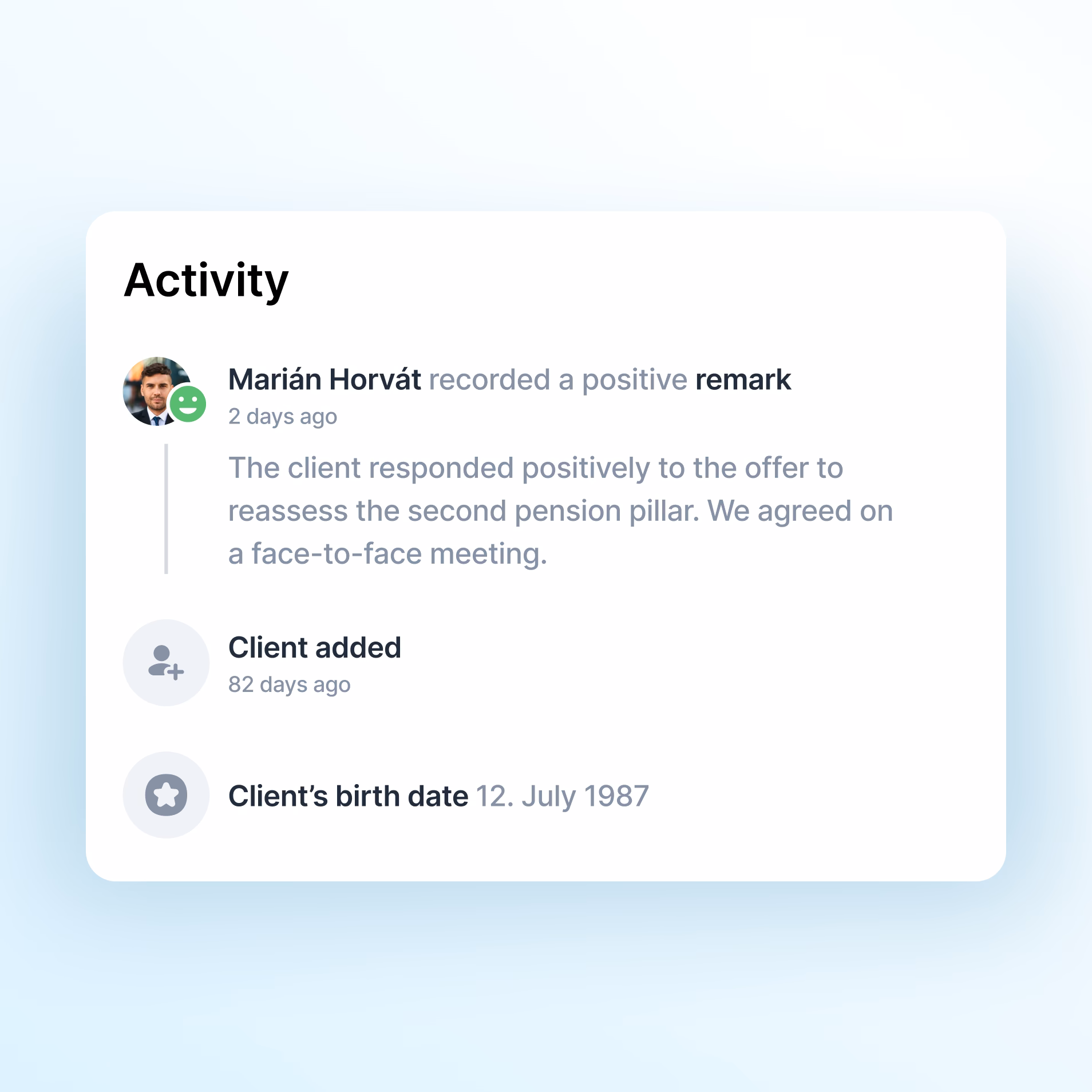 Aero client activity history showing a dated adviser note and earlier client events
