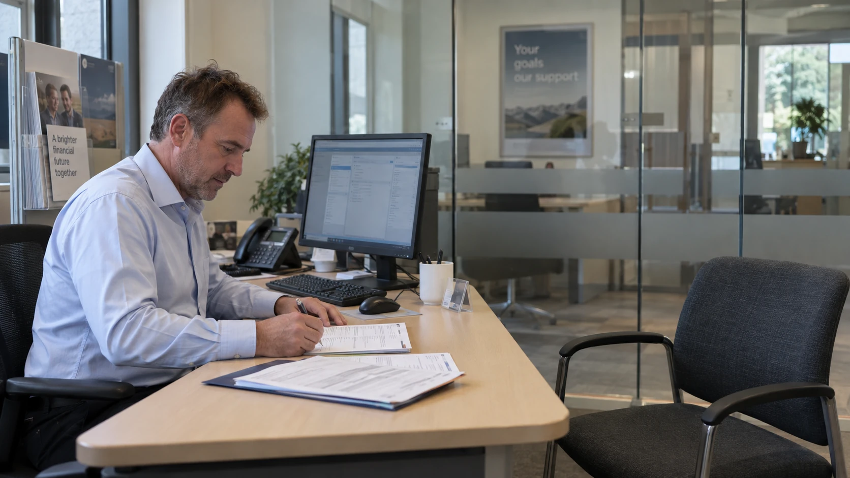 Illustrative bank onboarding: a seated advisor manually reviews client paperwork beside his computer, with the advisor, screen, and forms visible together