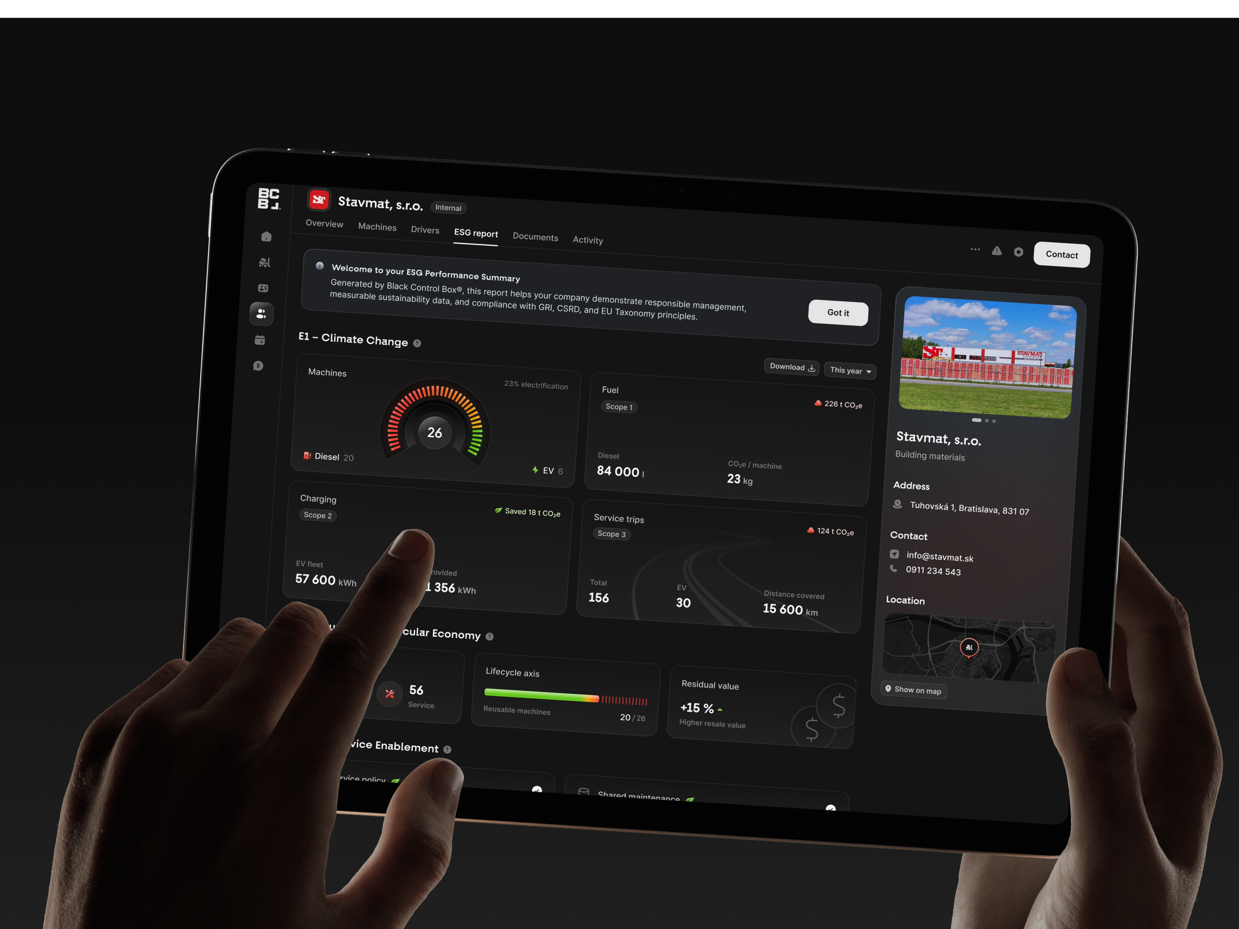 BCB Cloud machine diagnostics and service information on a tablet