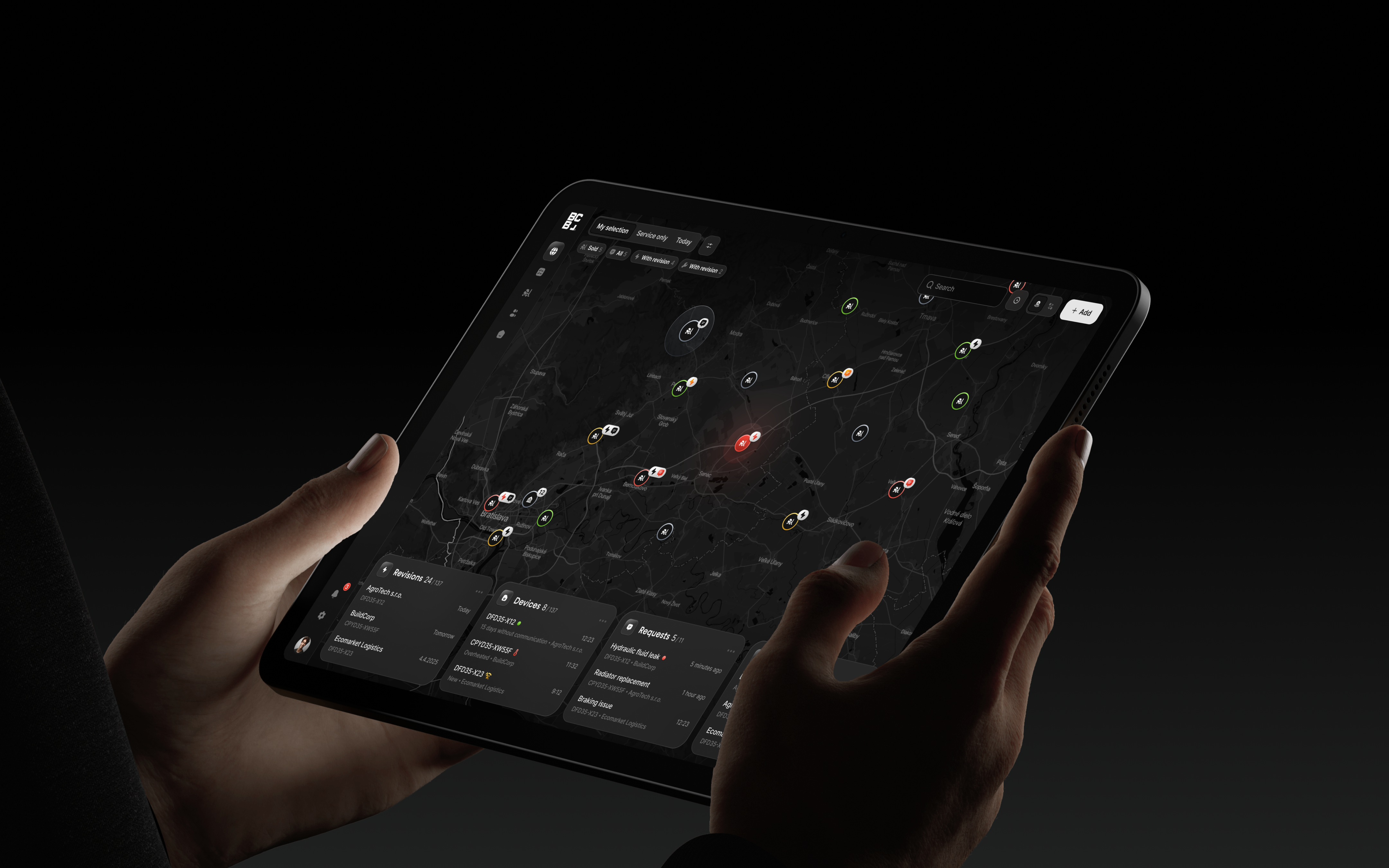 BCB Cloud fleet map on a tablet, showing machines and their service status