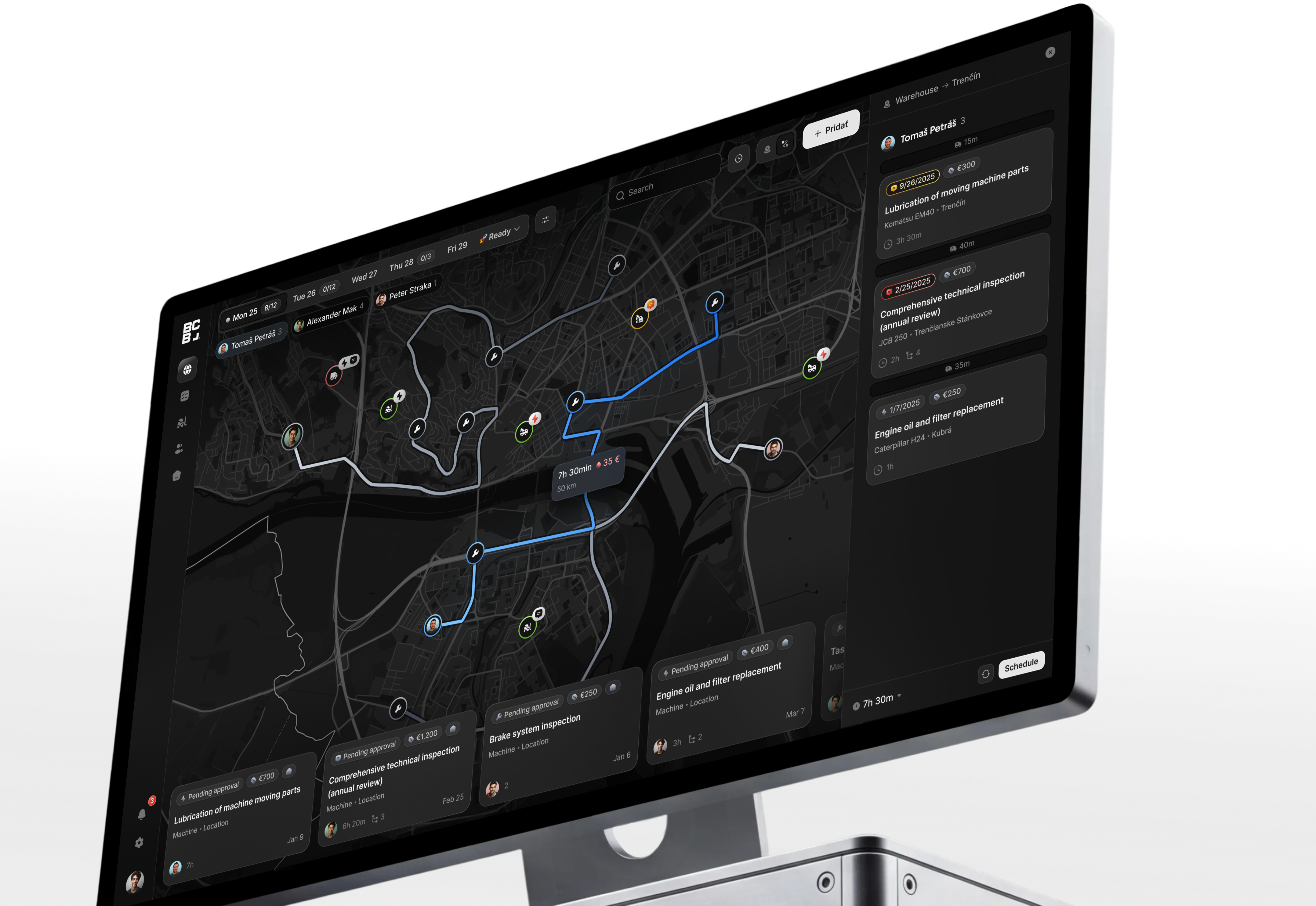 BCB Cloud route planning and technician itinerary on a desktop display