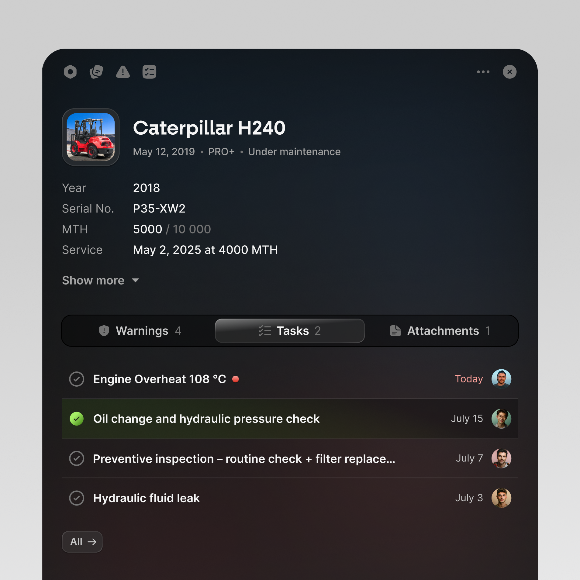 Machine record with service warnings, tasks, and attachments