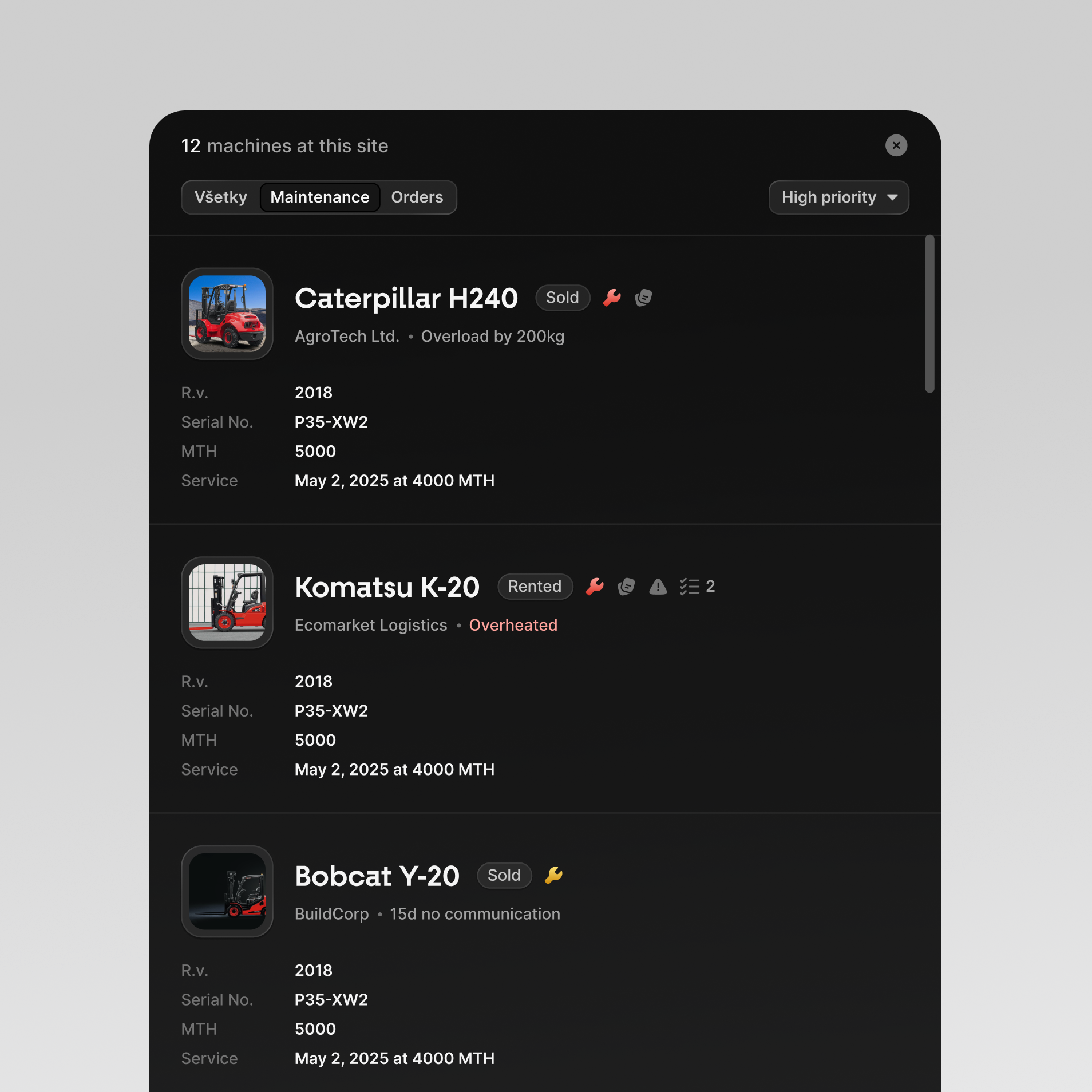 Machines at a site with usage readings and maintenance alerts