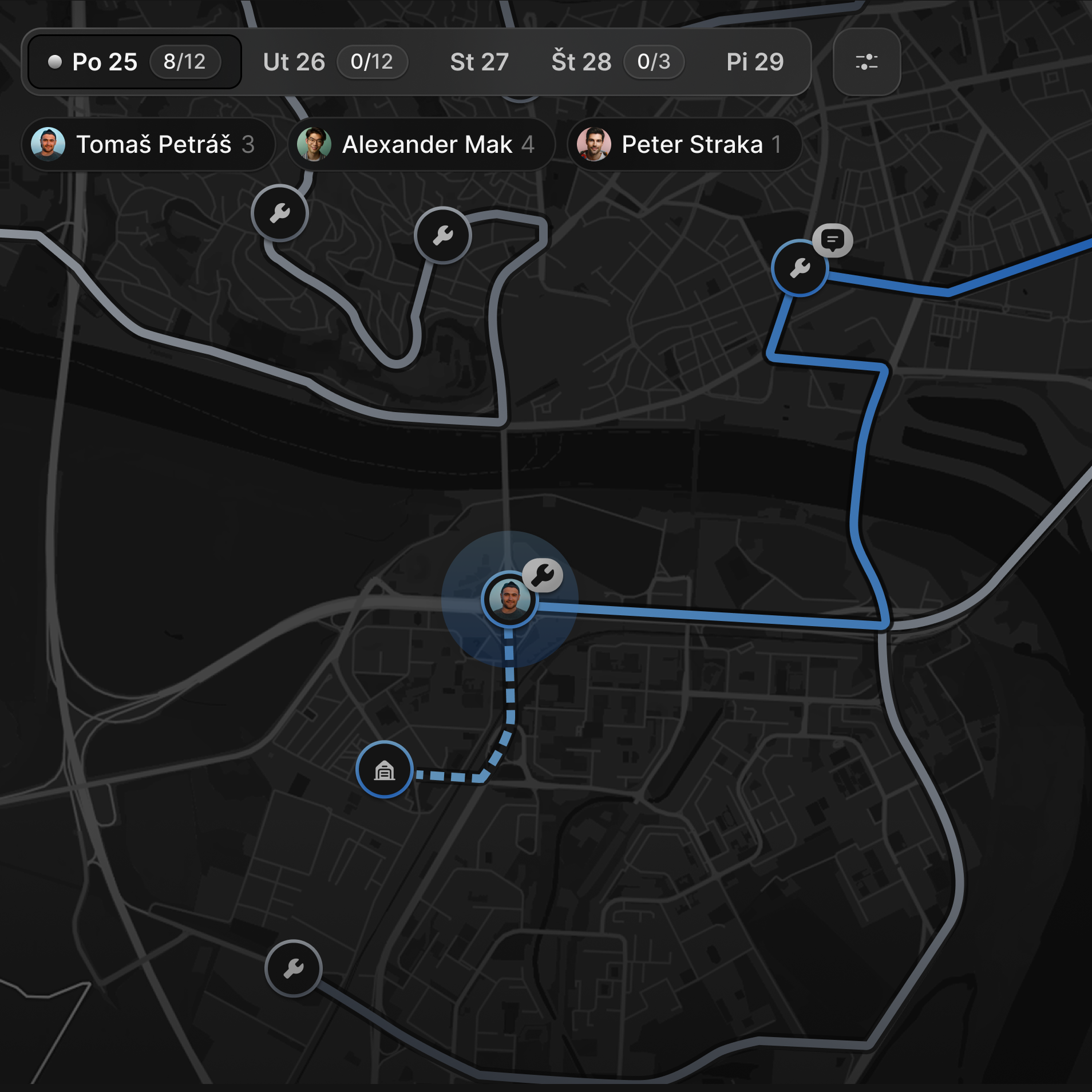 BCB technician itinerary showing scheduled service stops and routes on a map