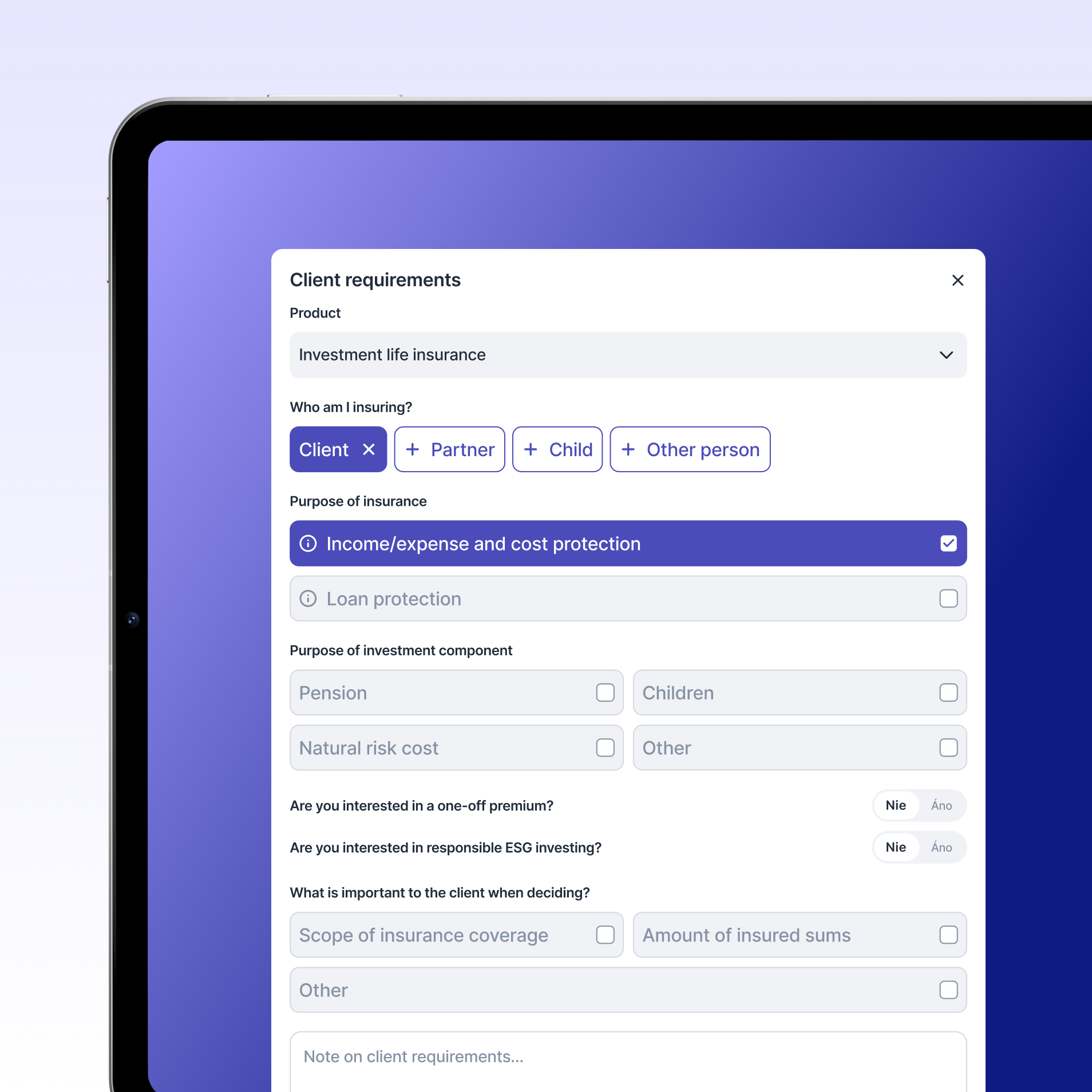 Client requirements collected in a structured form