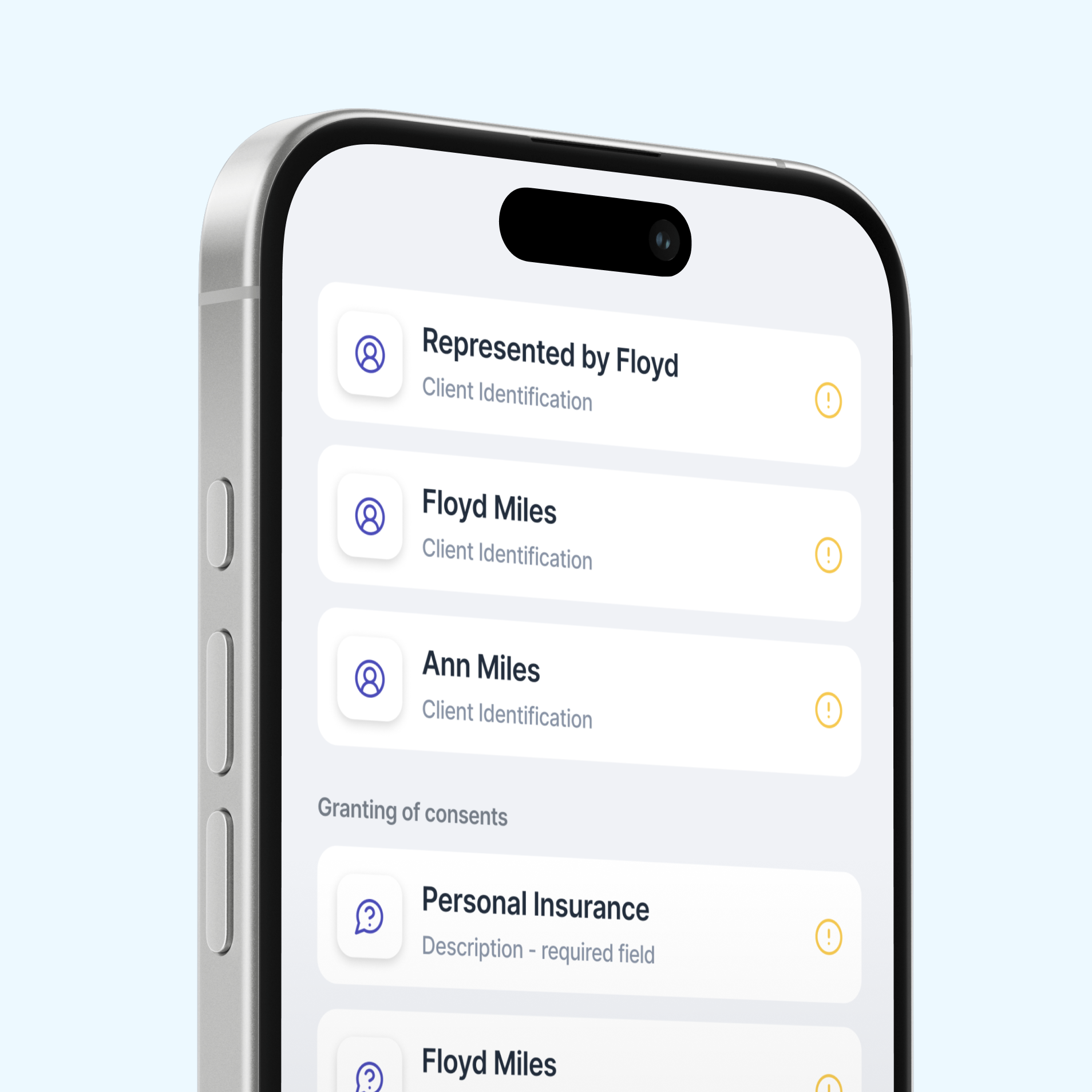 Client identification and consent steps on mobile