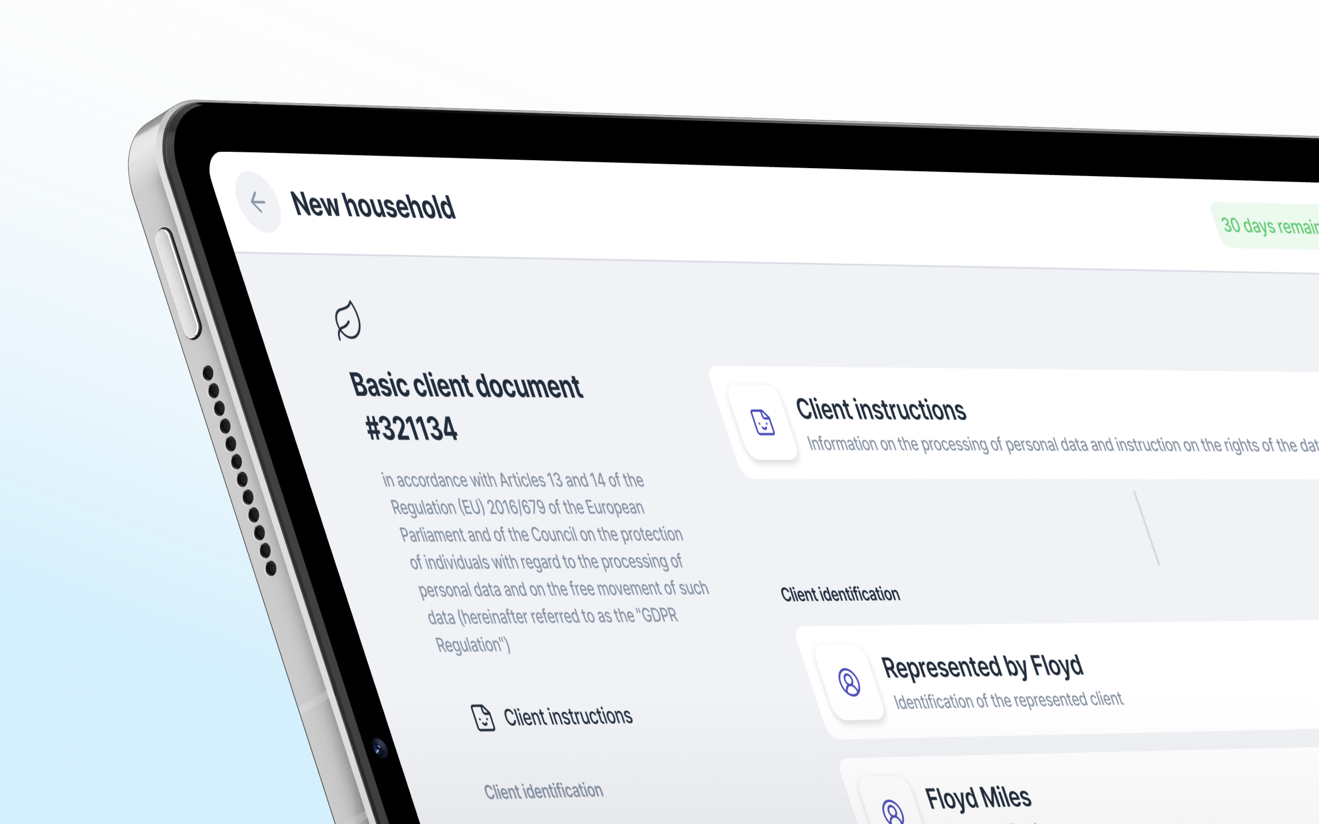 Household onboarding with required client documents and instructions