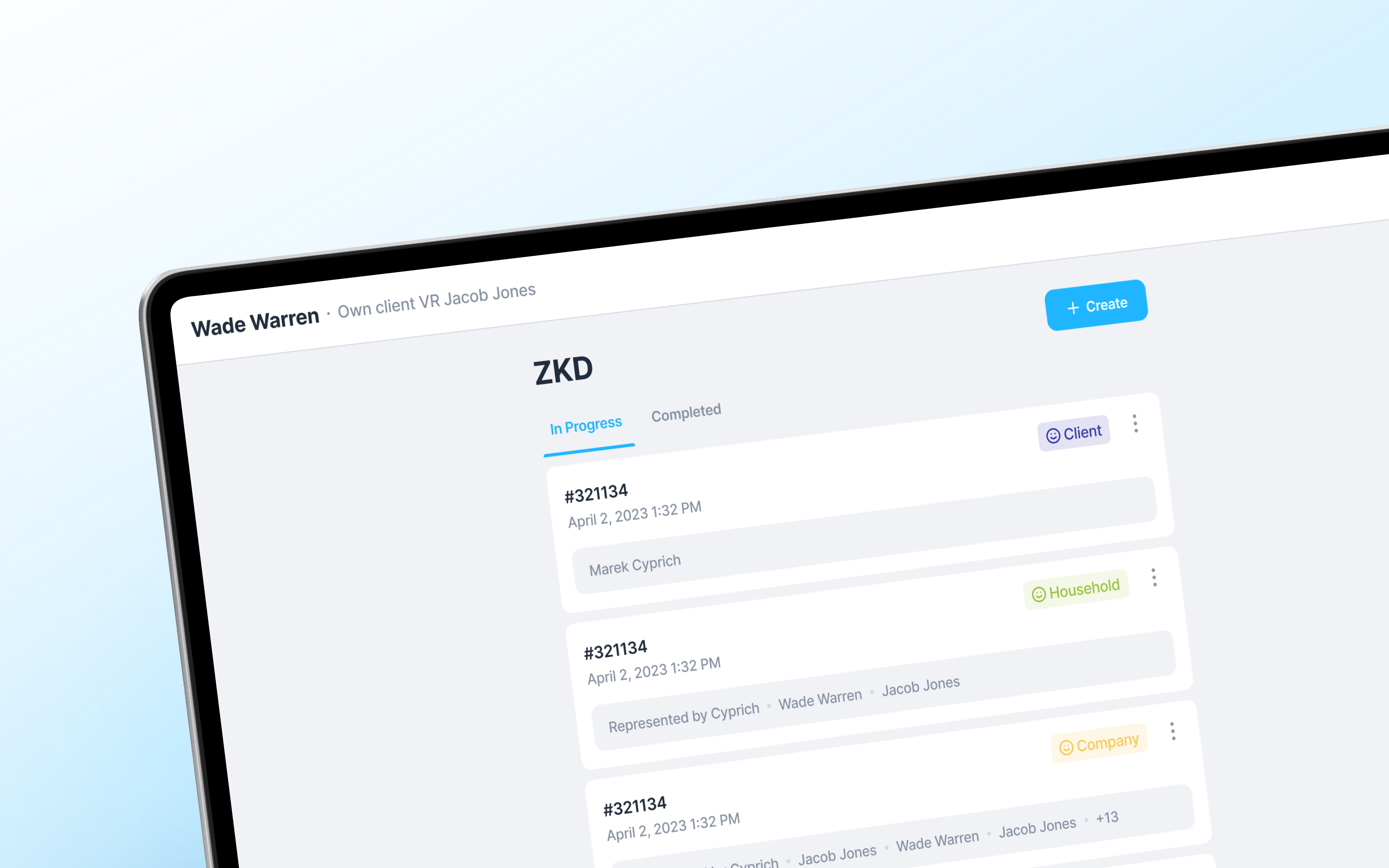 ZKD onboarding records with individual, household, and company status