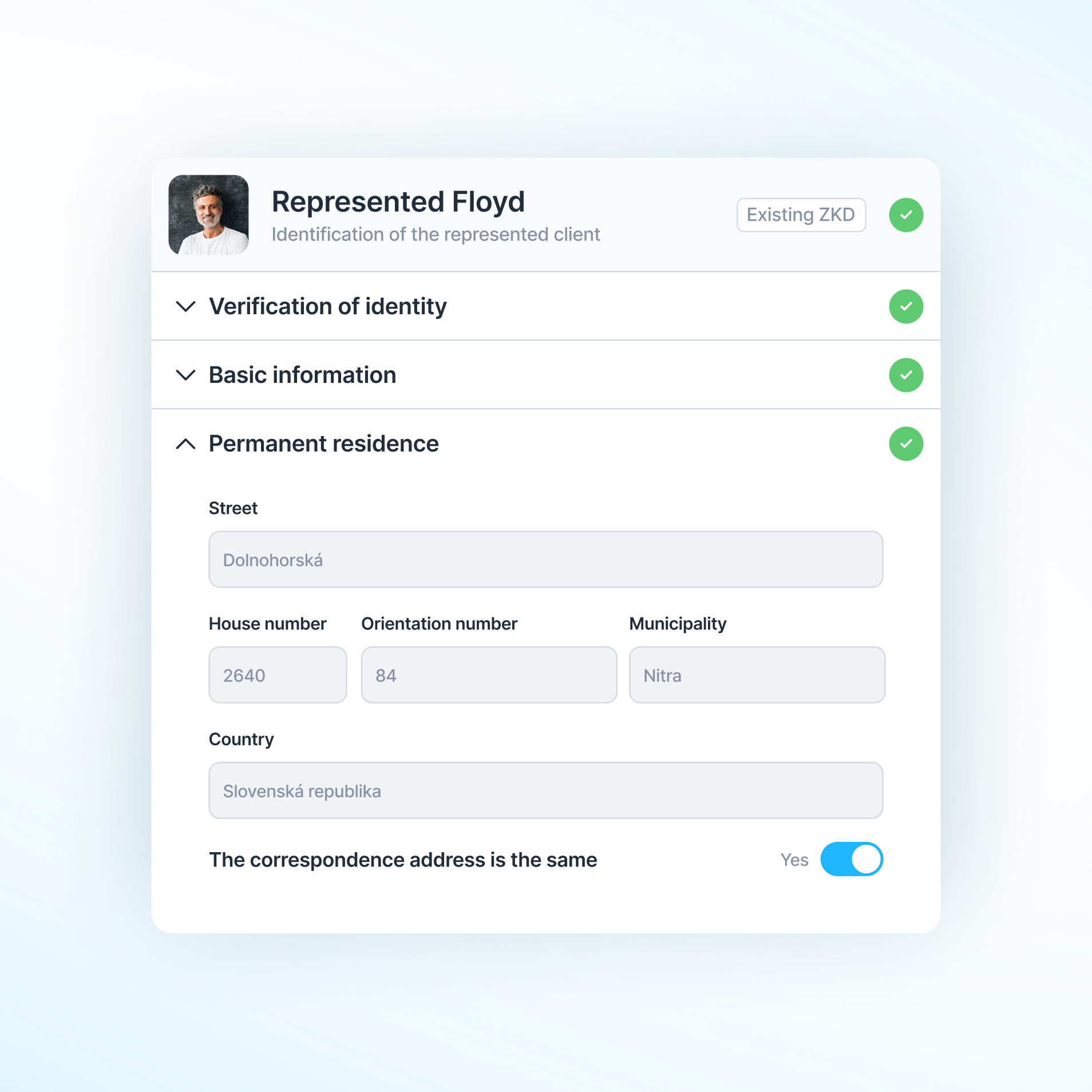 ZKD identity and client-information checks with green completion indicators