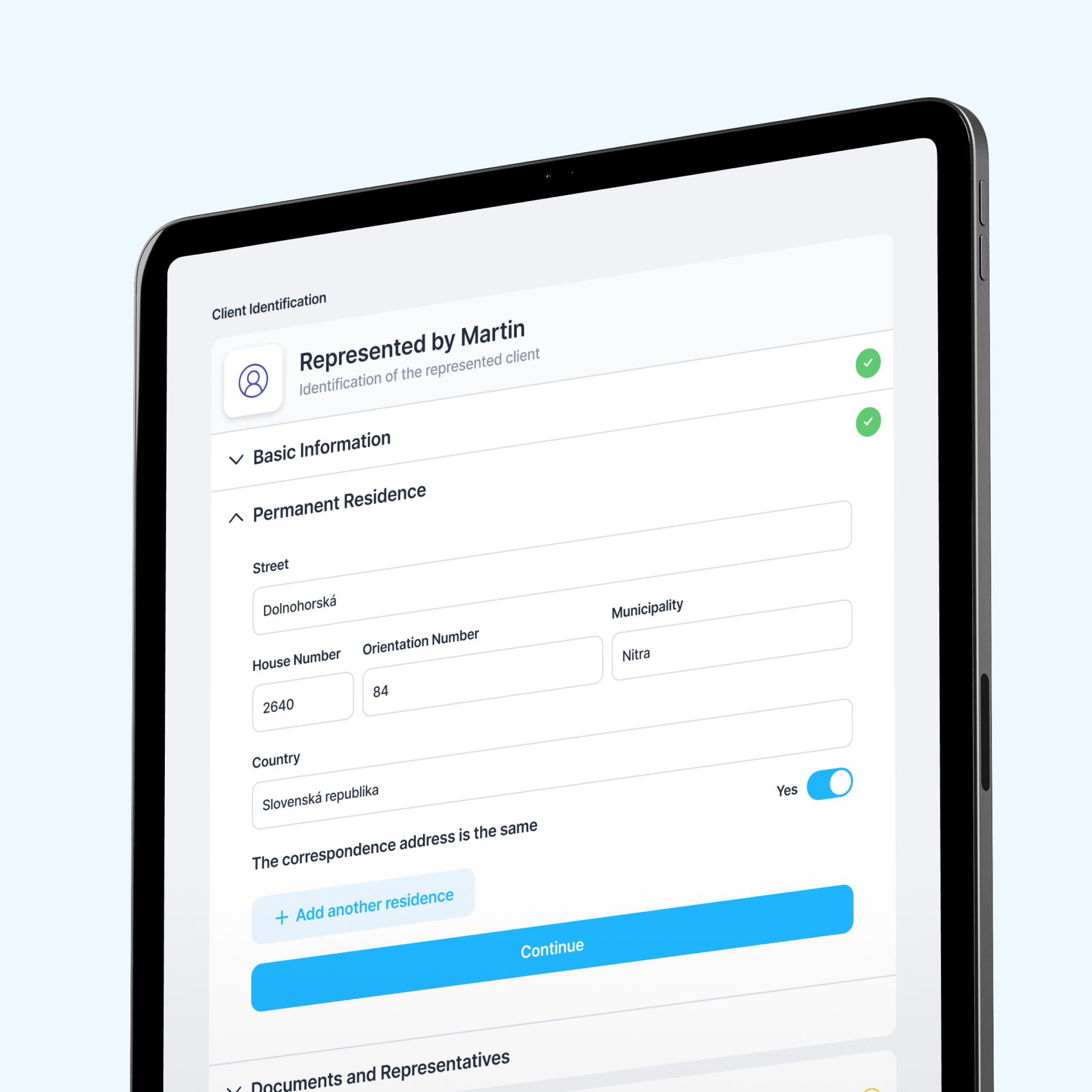 Client representative details within the onboarding form