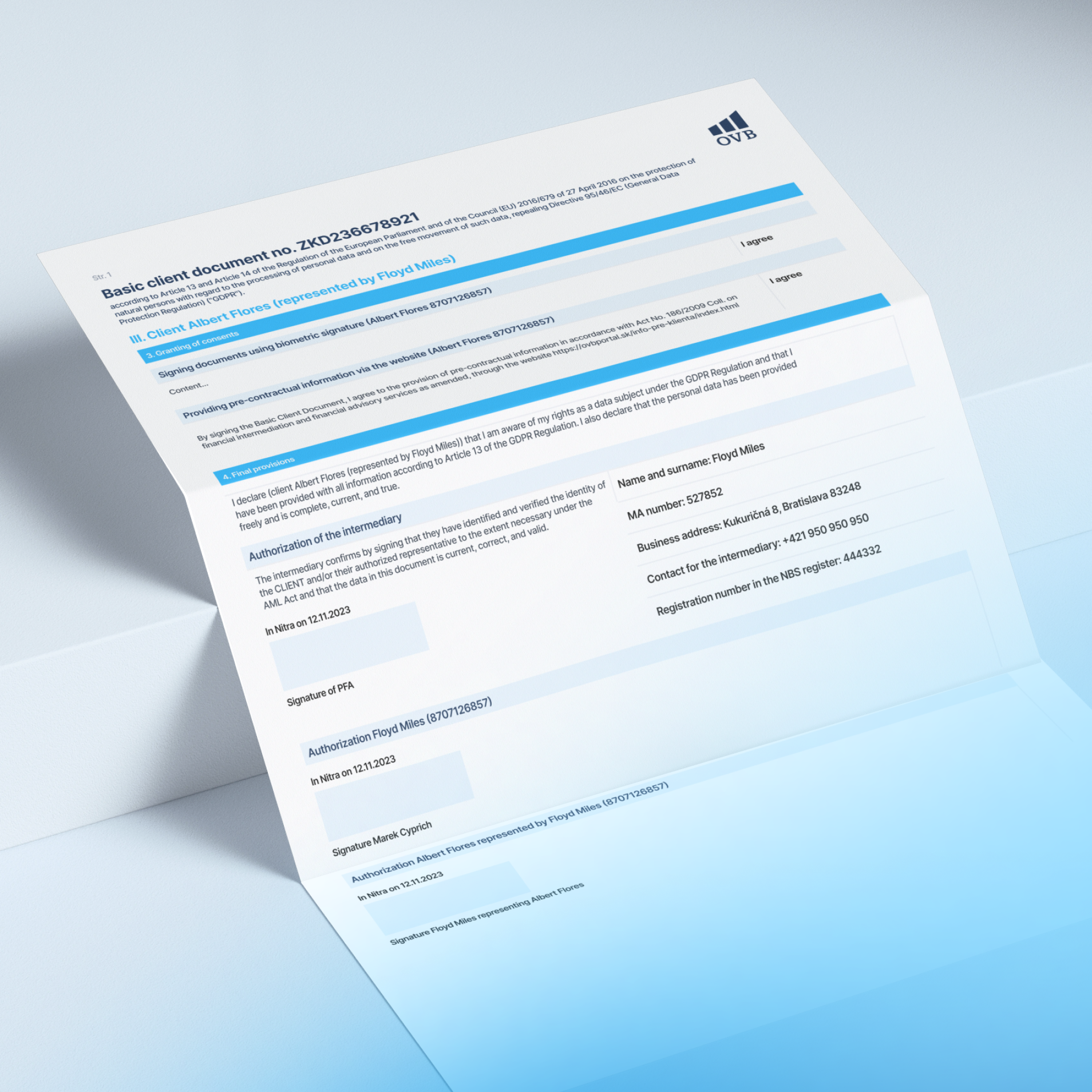 Completed ZKD client document generated from the onboarding information