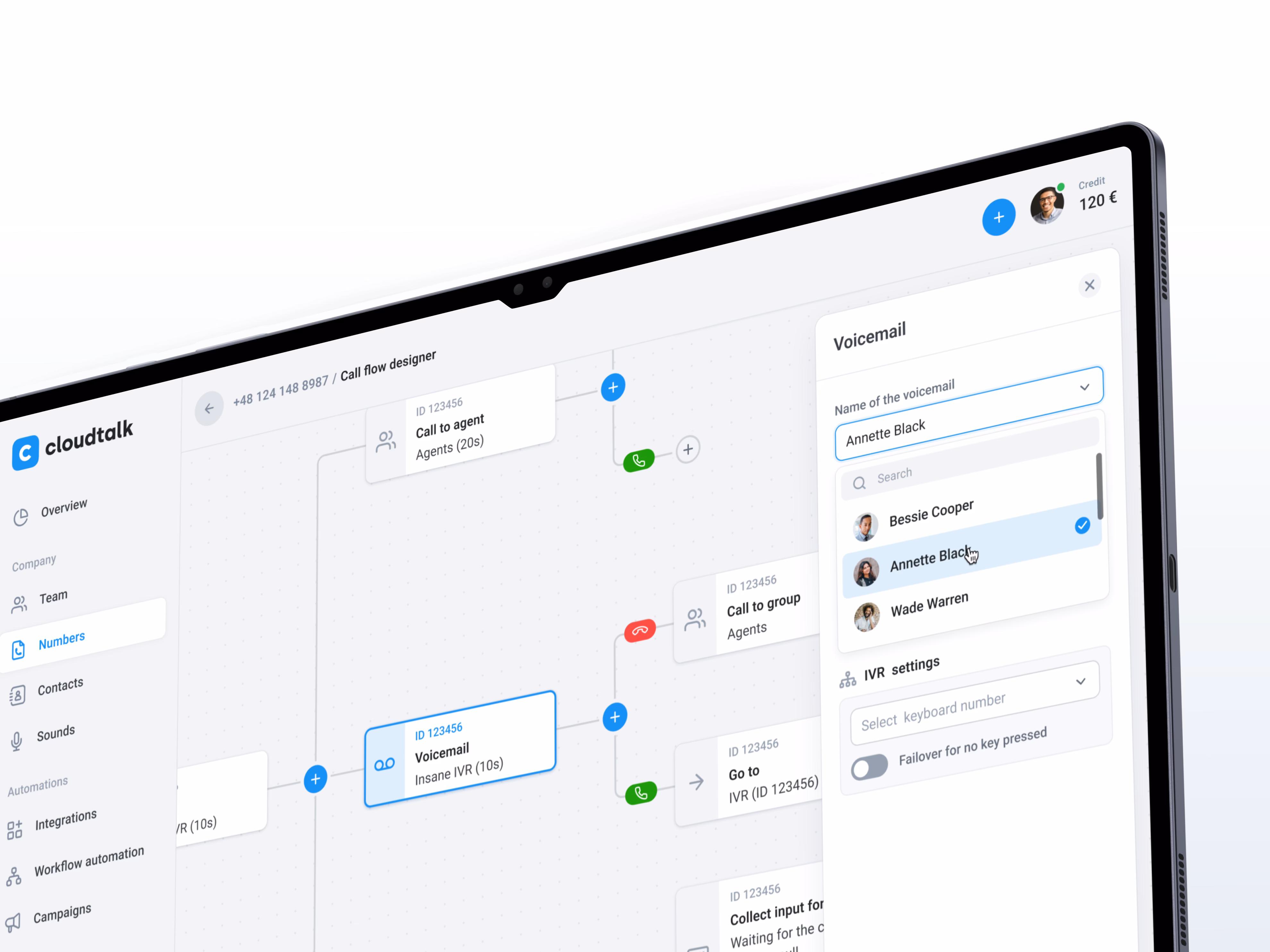 CloudTalk call-flow builder showing connected routing steps and action settings