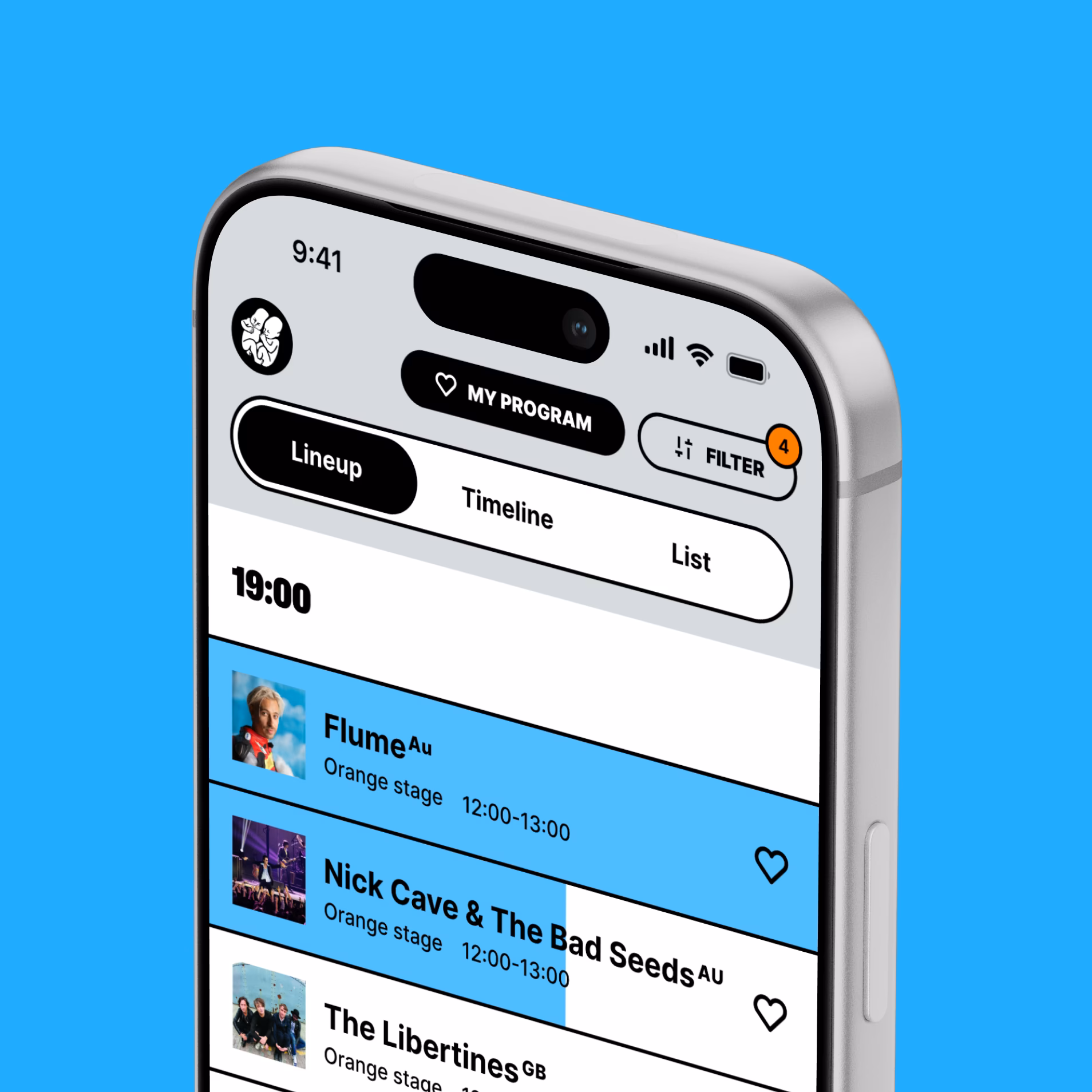 Pohoda personal programme with timeline, list and filter controls