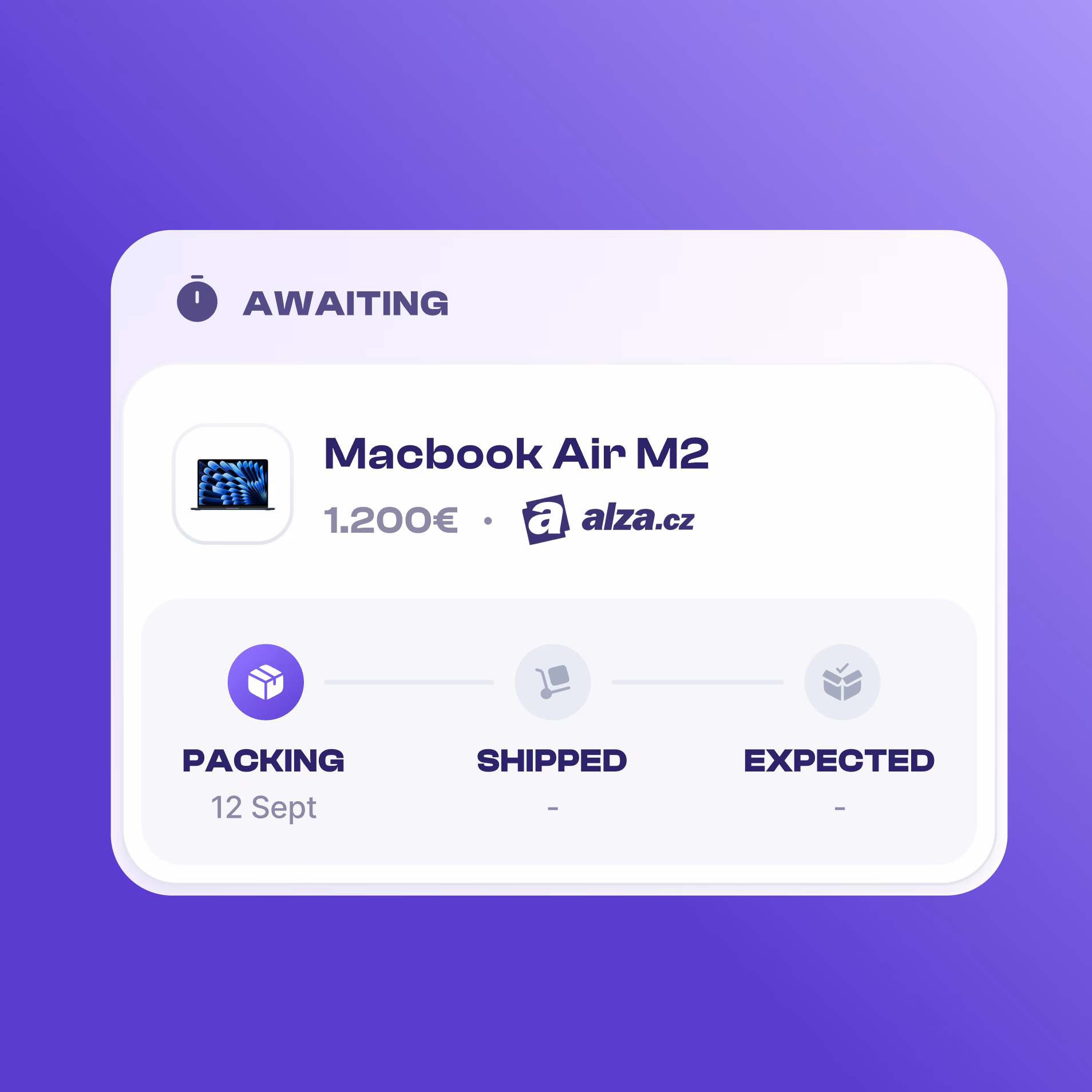 Questim delivery-status widget with packing, shipped and expected steps