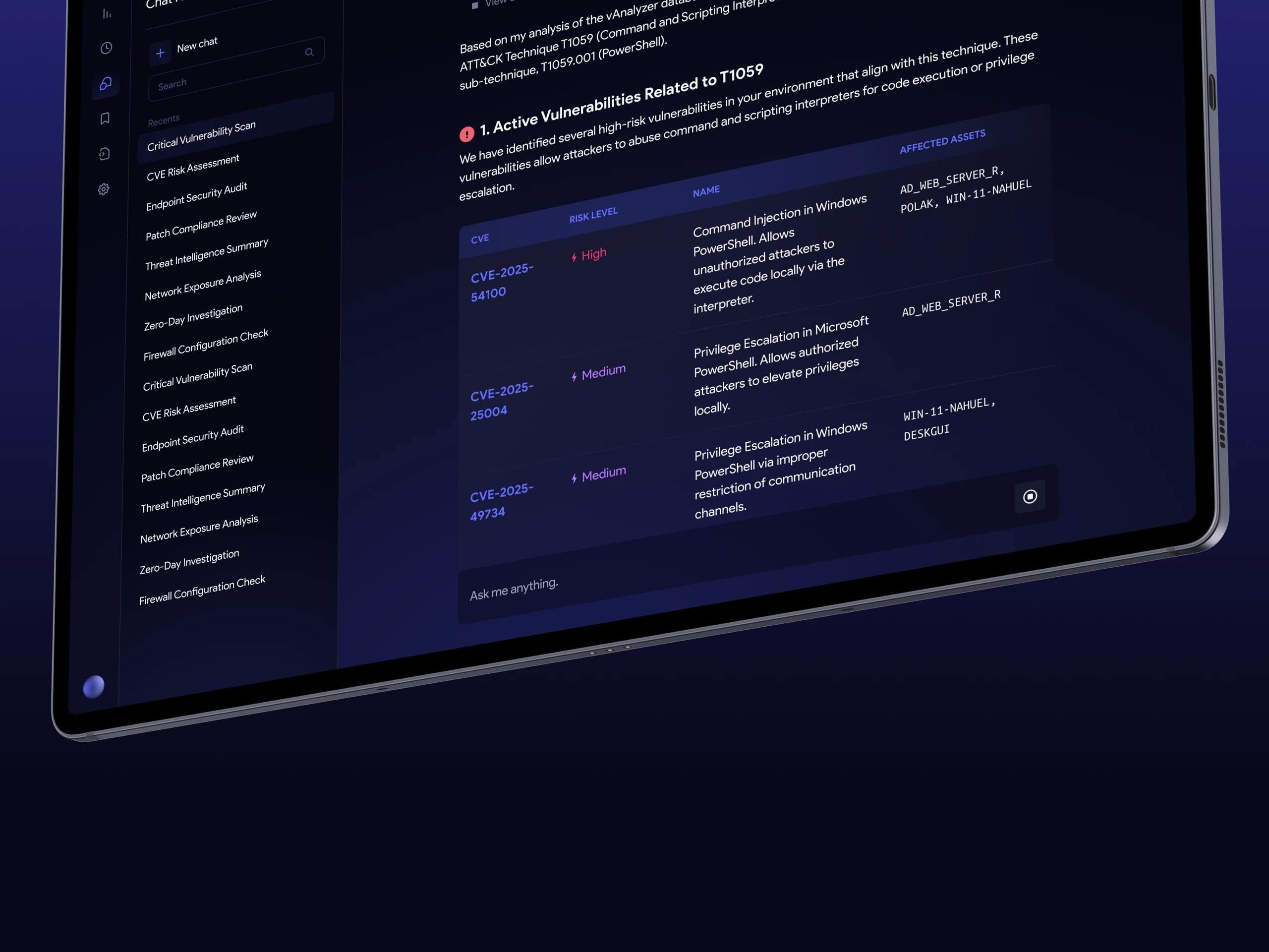 AI investigation linking a security technique to vulnerabilities and affected assets