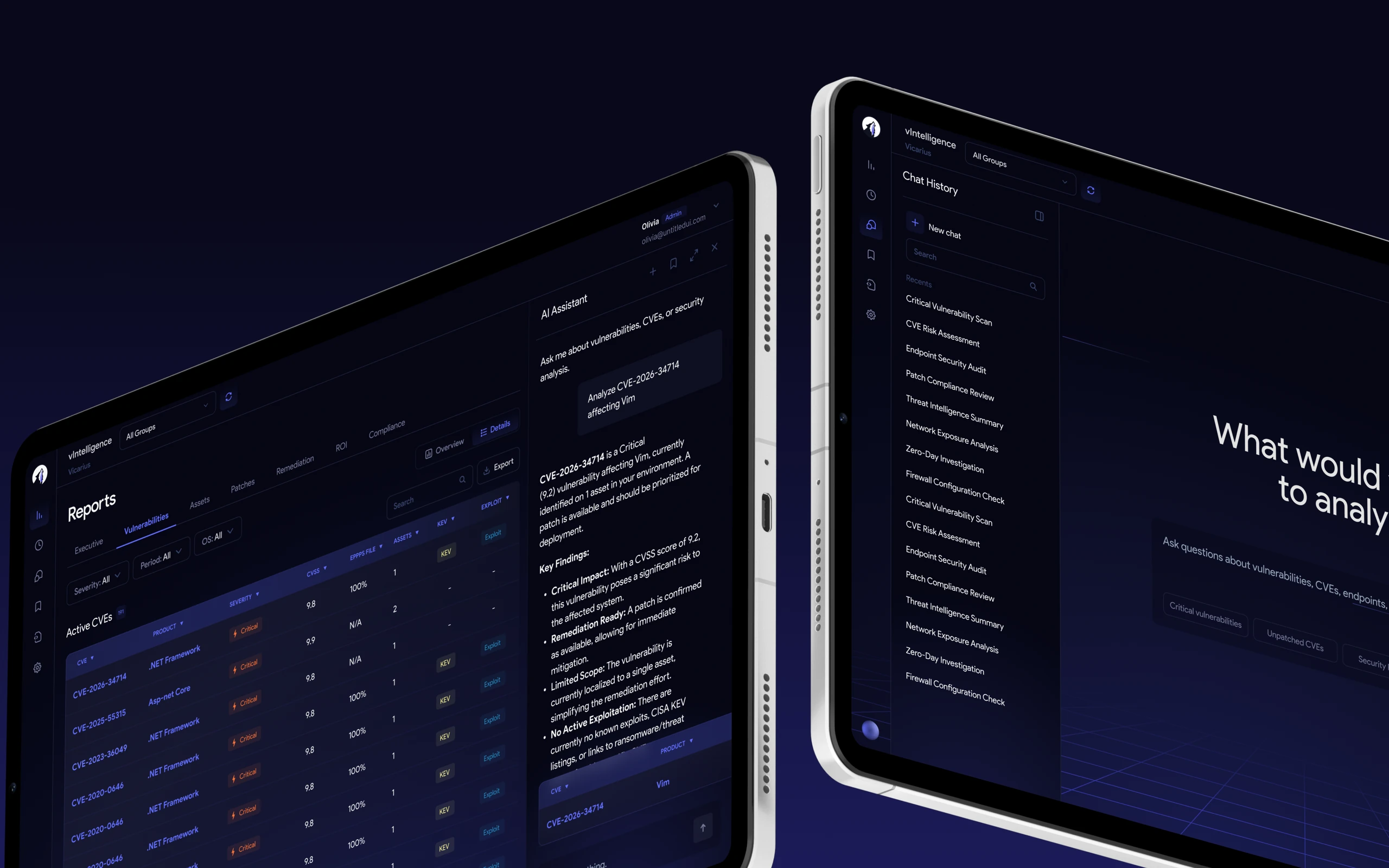 Connected vulnerability reporting and AI investigation across two vIntelligence screens