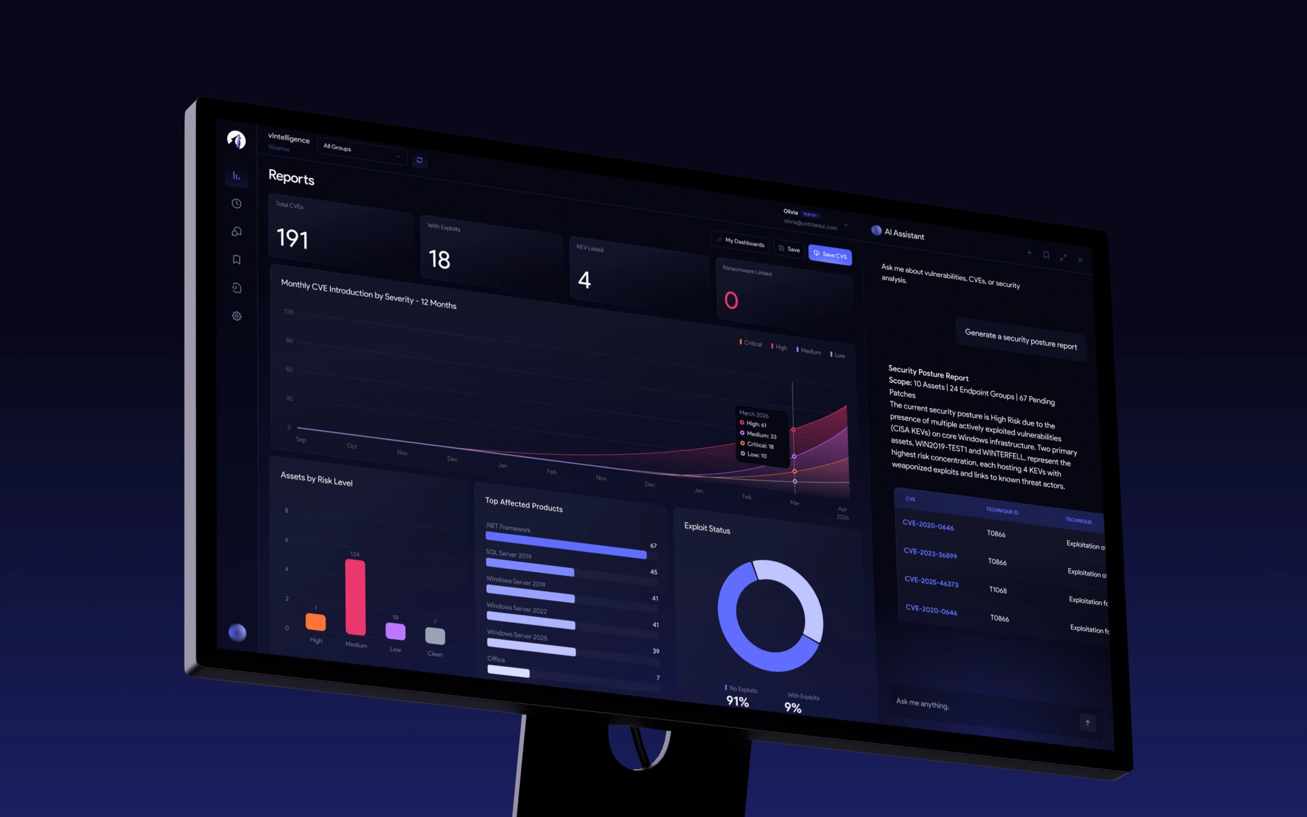 vIntelligence security dashboard with a contextual AI assistant on a desktop monitor