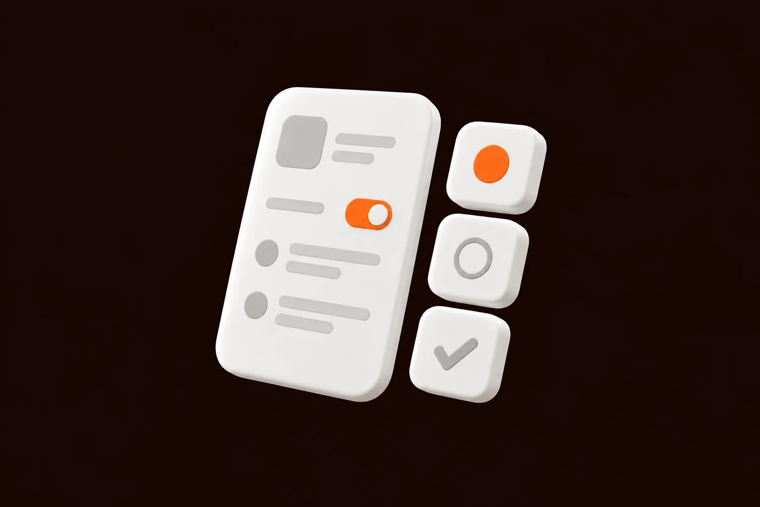 White 3D app panel with modular state tiles on a dark background.