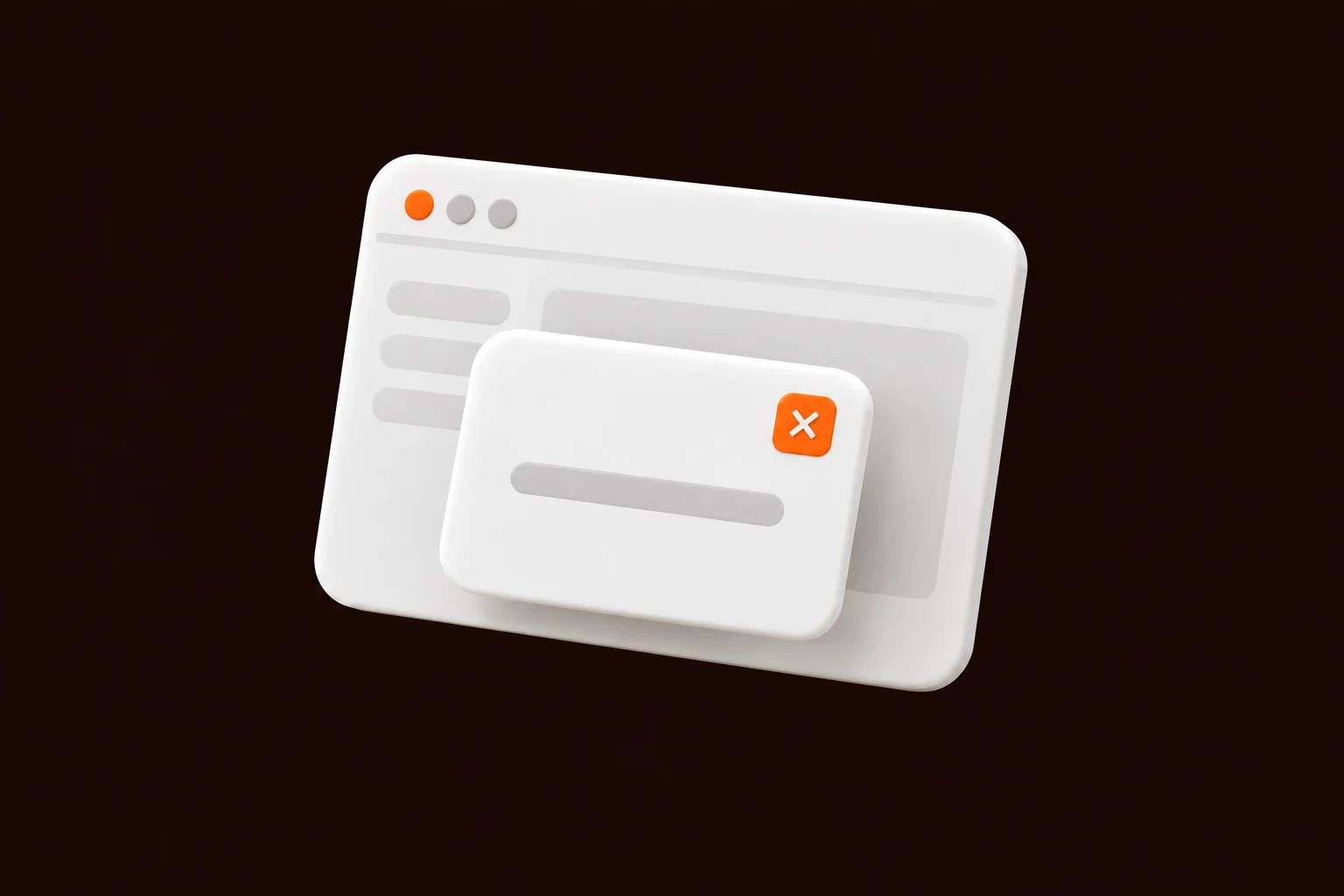 White 3D modal window floating over a browser frame.