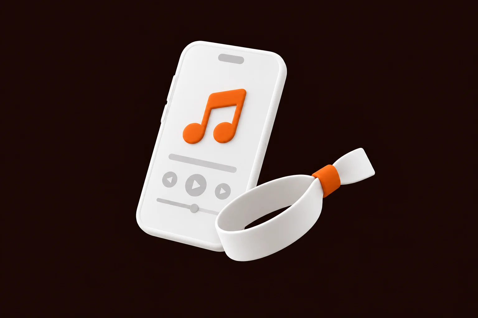 White 3D festival app and wristband on a dark background.