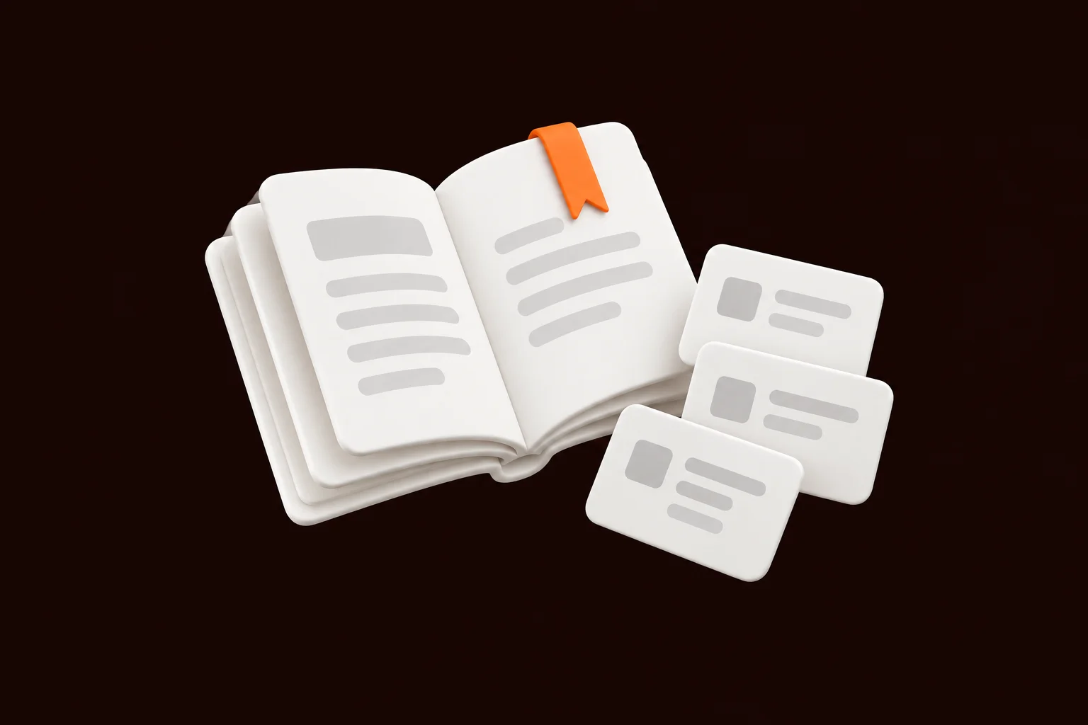 White 3D open book and study flashcards.